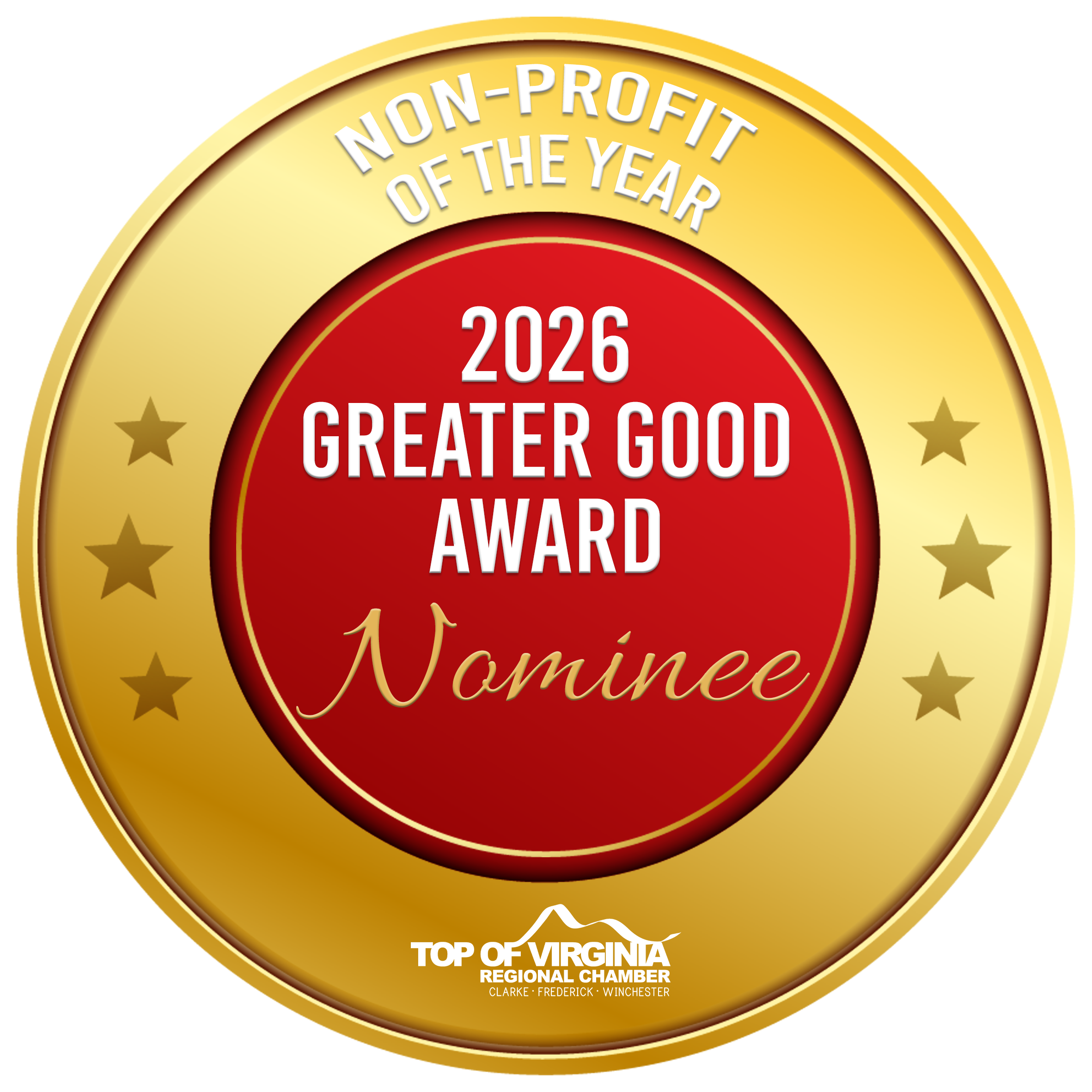 A badge for the 2026 Greater Good Award Nonprofit of the Year nominee is shown. It is a red button outlined in gold, with stars on either side of the gold button outline.