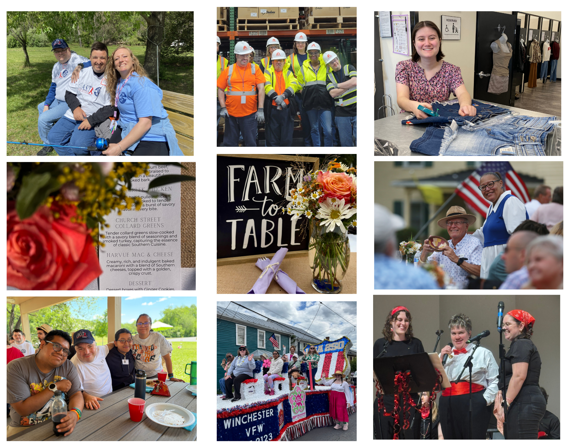 A collage of various images from Farm to Table and NW Works activities and team members is shown. The focus is on Farm to Table and the different types of engaging activities and employment NW Works team members receive.