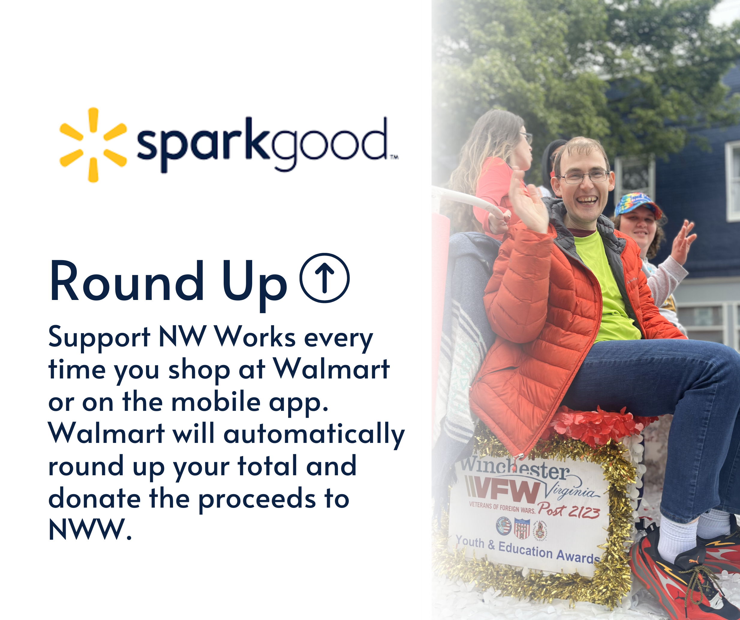 A graphic for the Walmart spark good through the Round Up program is shown. Beside the Round Up information is a photo of two individuals waving as they sit on the Apple Blossom float.