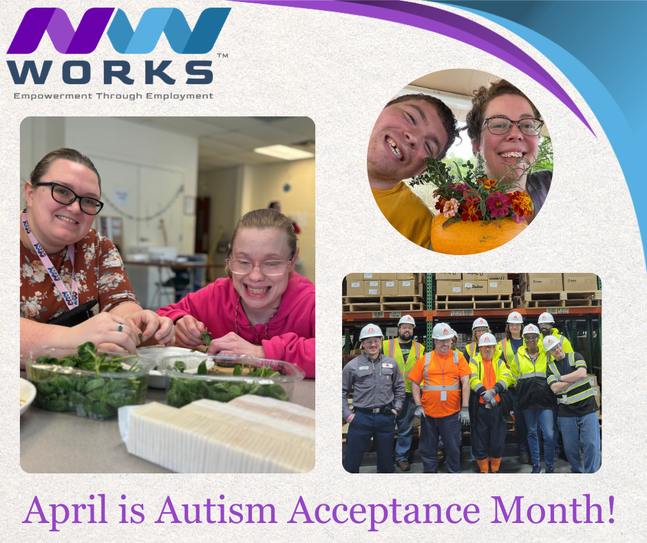Three photos of people smiling at different locations is shown. The flyer reads, "April is Autism Acceptance Month!" at the bottom of the page.