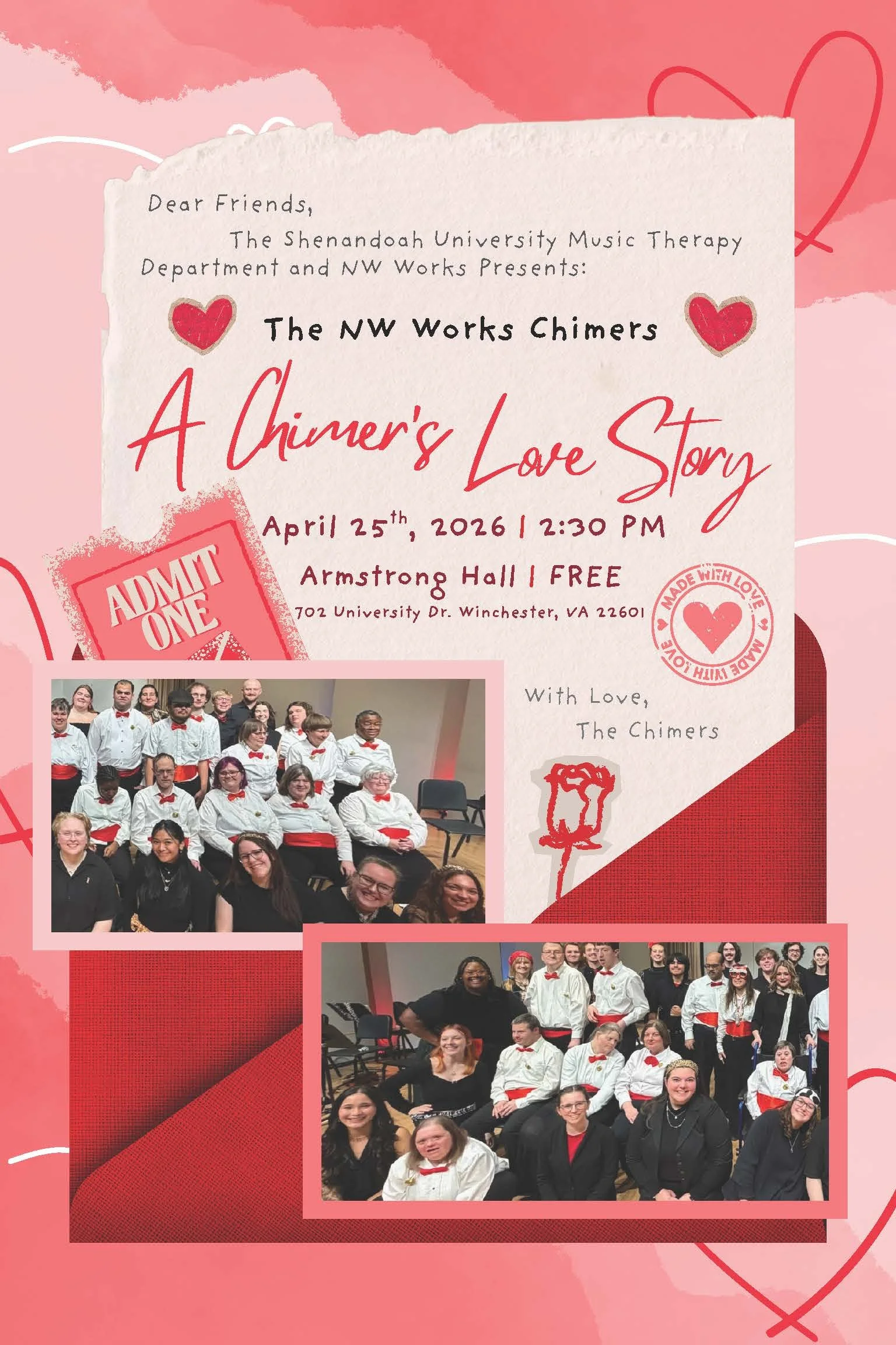 A love story or love letter themed flyer is shown that advertises the upcoming Chimers concert on April 25th at 2:30 PM.