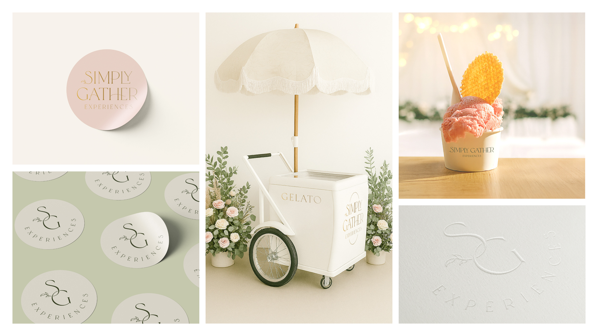 Brand context page from the Simply Gather Experiences brand identity guide featuring sticker designs, a gelato cart, a branded paper cup with gelato, and an embossed application of Monogram 1.
