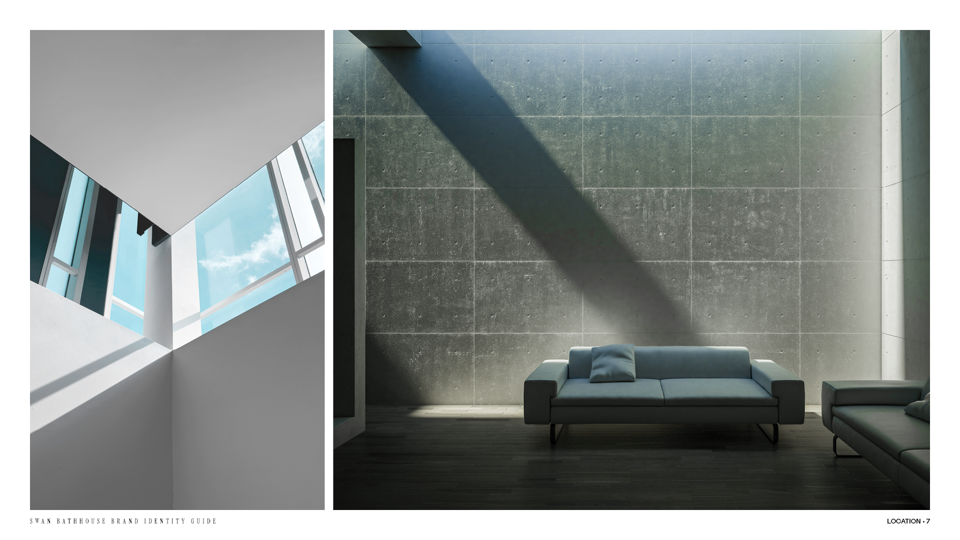 Location page from the Swan Bathhouse brand identity guide with an interior window and an entry way lounge area. 