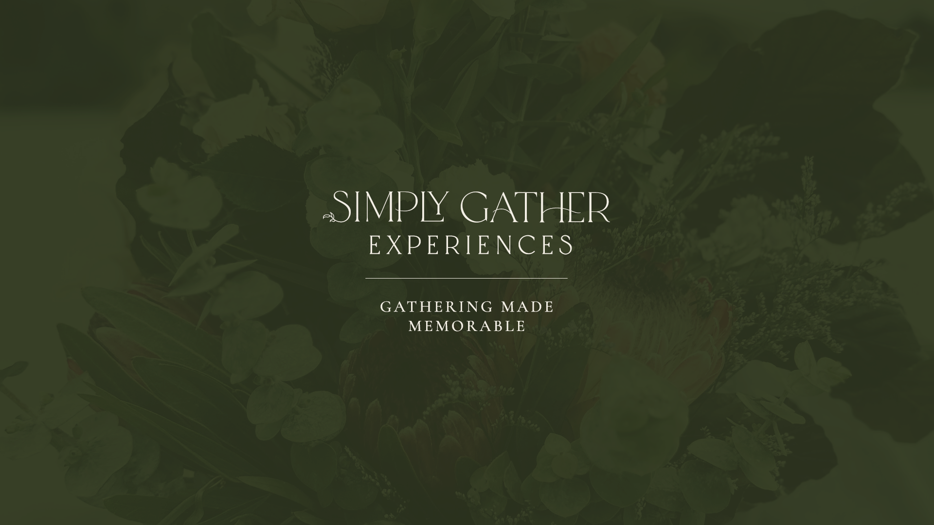 Back cover of the Simply Gather Experiences brand identity guide featuring lockup version 3 of the logo on a dark green background with a floral close‑up texture.