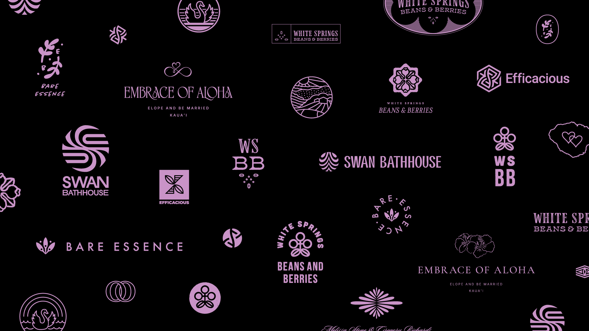 Collage of custom brand logo designs in light purple on a black background.