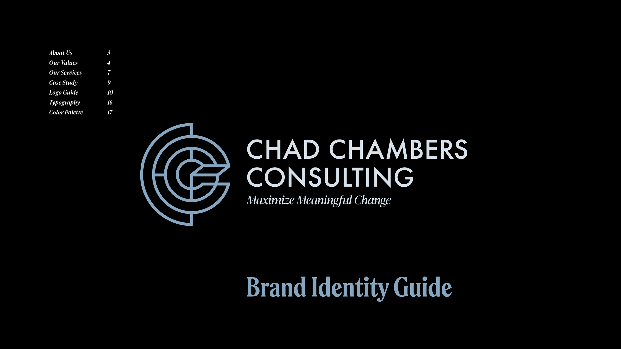 Cover page from the brand identity guide for Chad Chambers Consulting, featuring a dark blue background, minimalist layout, and table of contents.