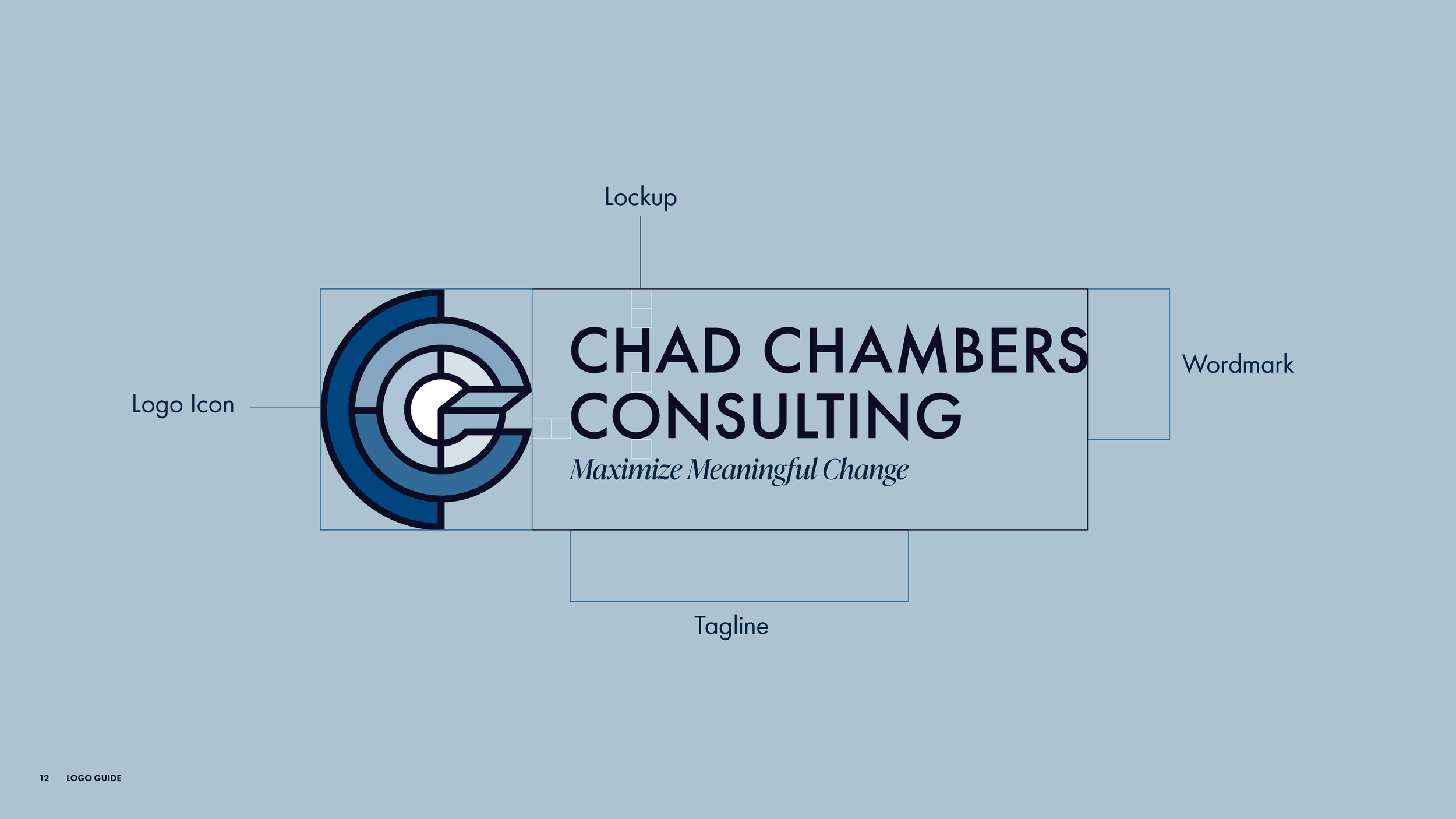 Logo lockup diagram from the Chad Chambers Consulting brand identity guide, detailing the icon, wordmark, tagline, and full horizontal logo arrangement.