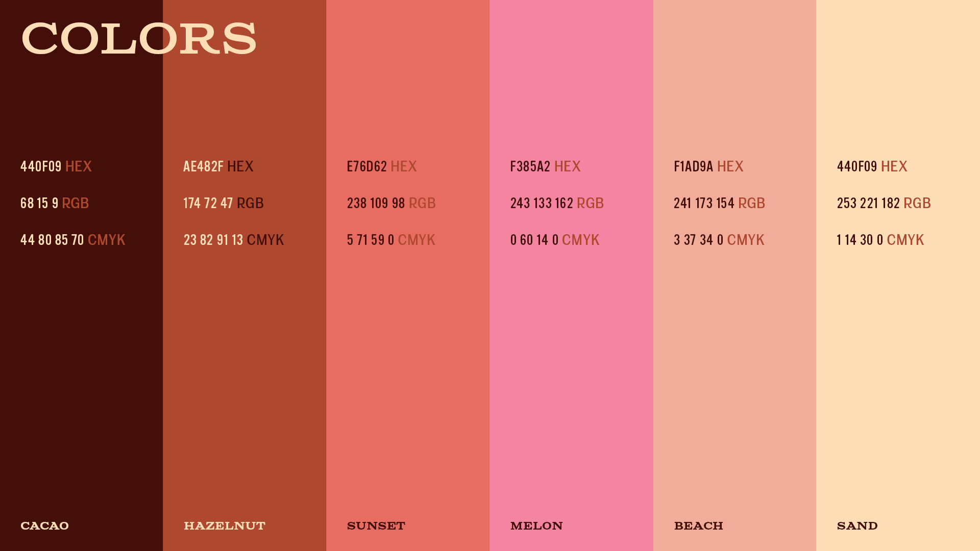 Color page for Bare Essence featuring a set of warm brand identity colors with Hex, RGB and CMYK values defined and the names of each color swatches: cacao, hazelnut, sunset, melon, beach and sand.