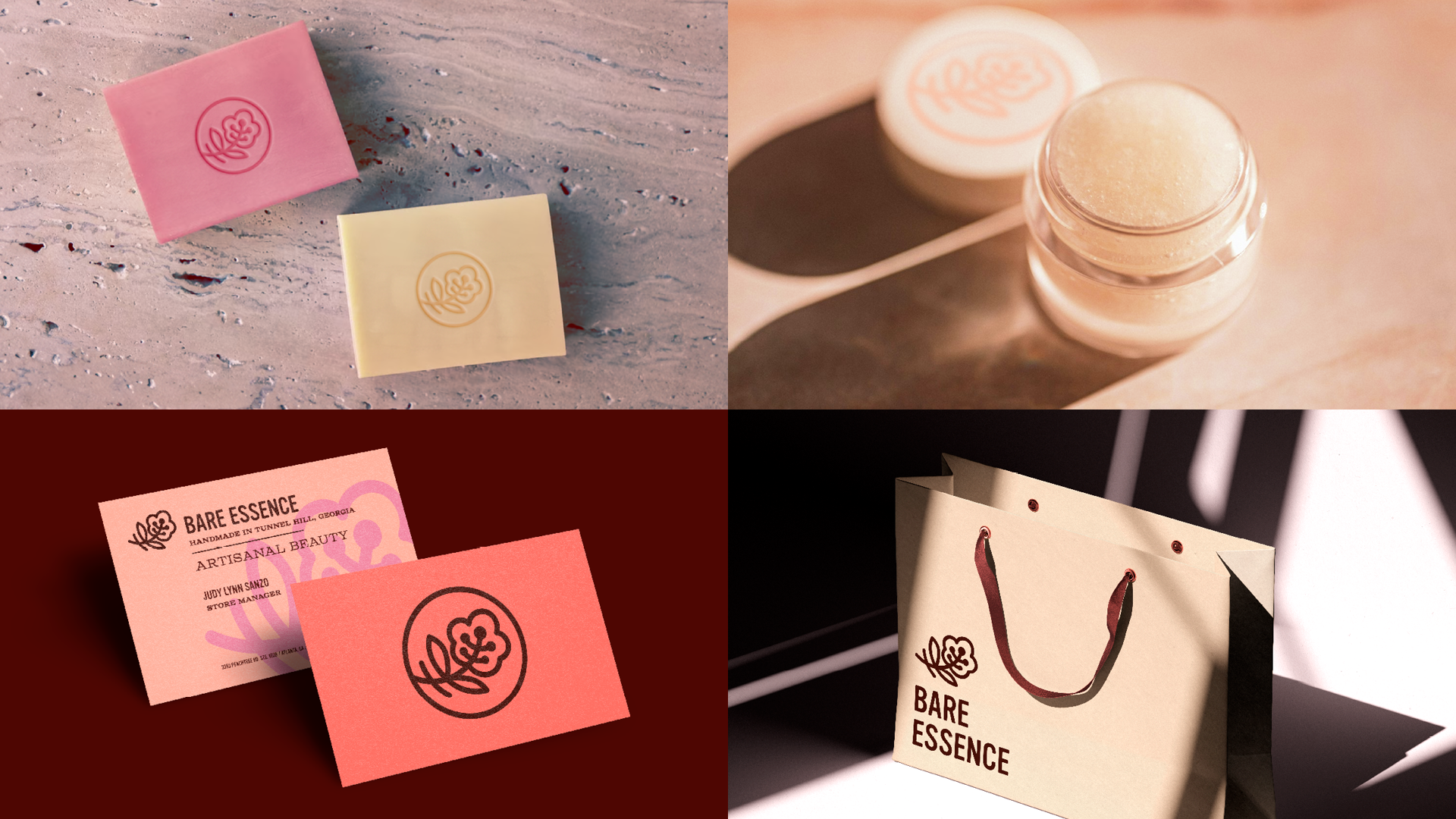 Luxury artisanal bar soap mockup on a stone background, featuring the Bare Essence flower logo debossed at the center of each bar. A warm photo of a body balm product with the circular logo on the lid, Front and back business card layout in the Bare 