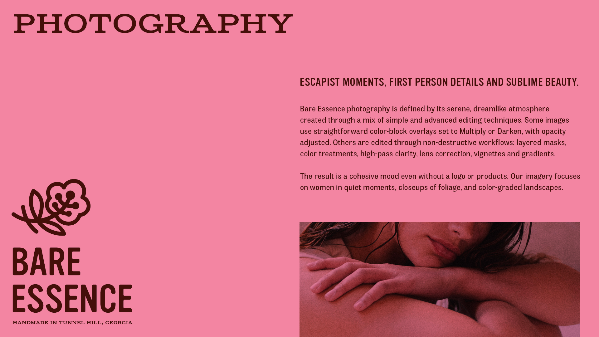 Photography page for Bare Essence featuring a pink background and a photo of a woman leaning and content in a bathing setting.