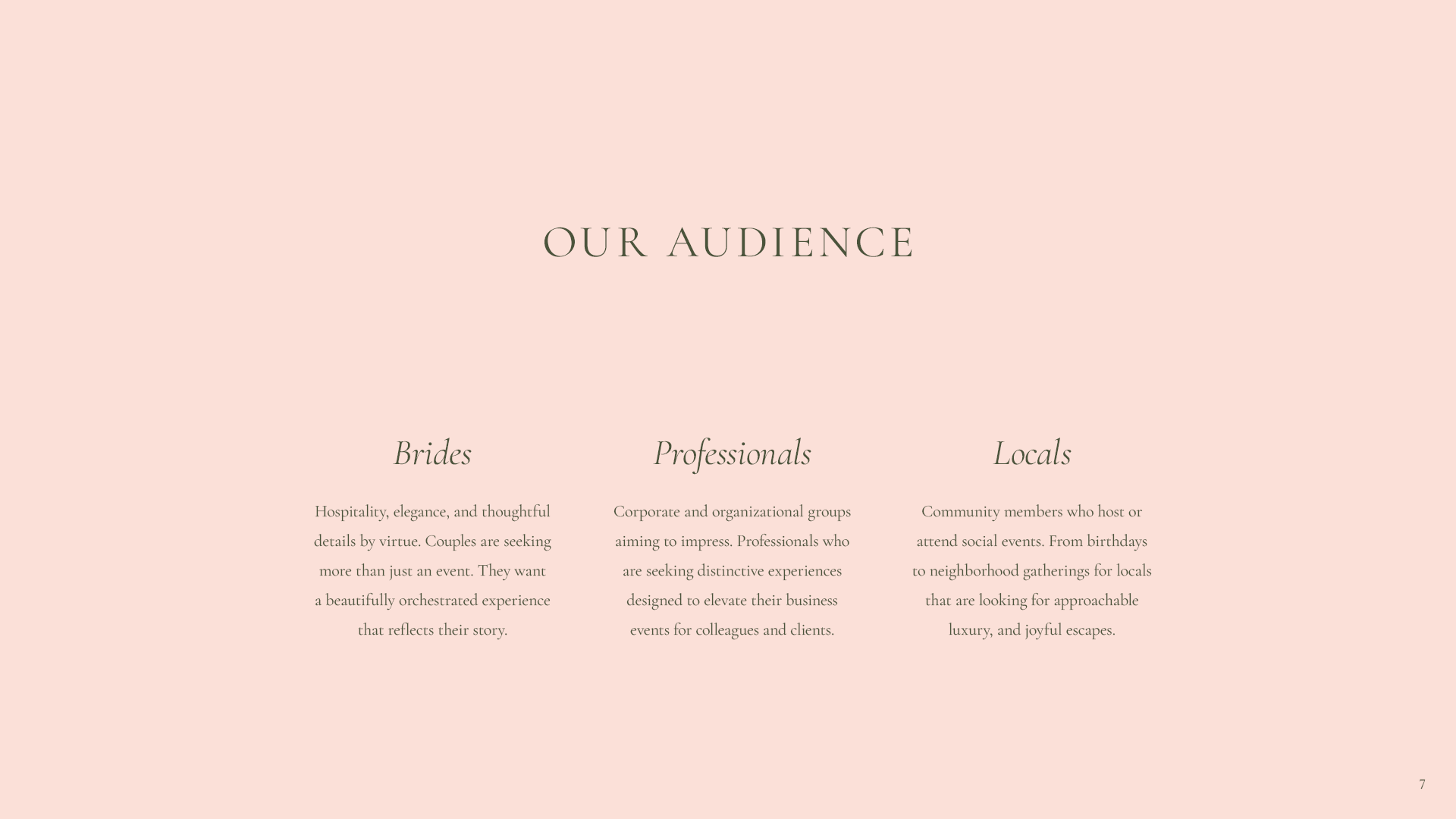 Audience page for Simply Gather Experiences set on a muted soft pink background with a minimalist three‑column layout.