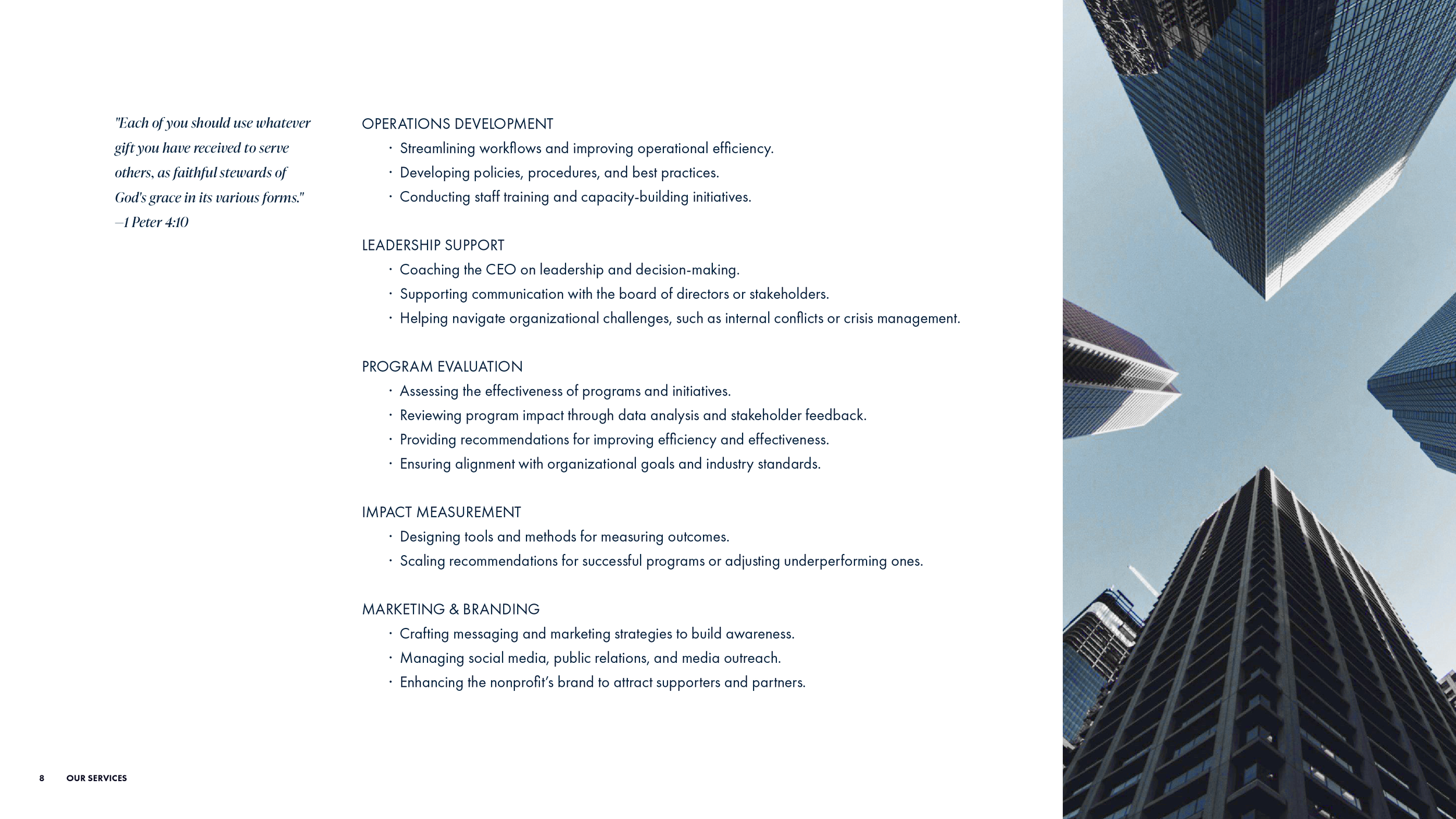Second services page from the Chad Chambers Consulting brand identity guide, shown in a clean minimalist layout with an upward view of city skyscrapers.