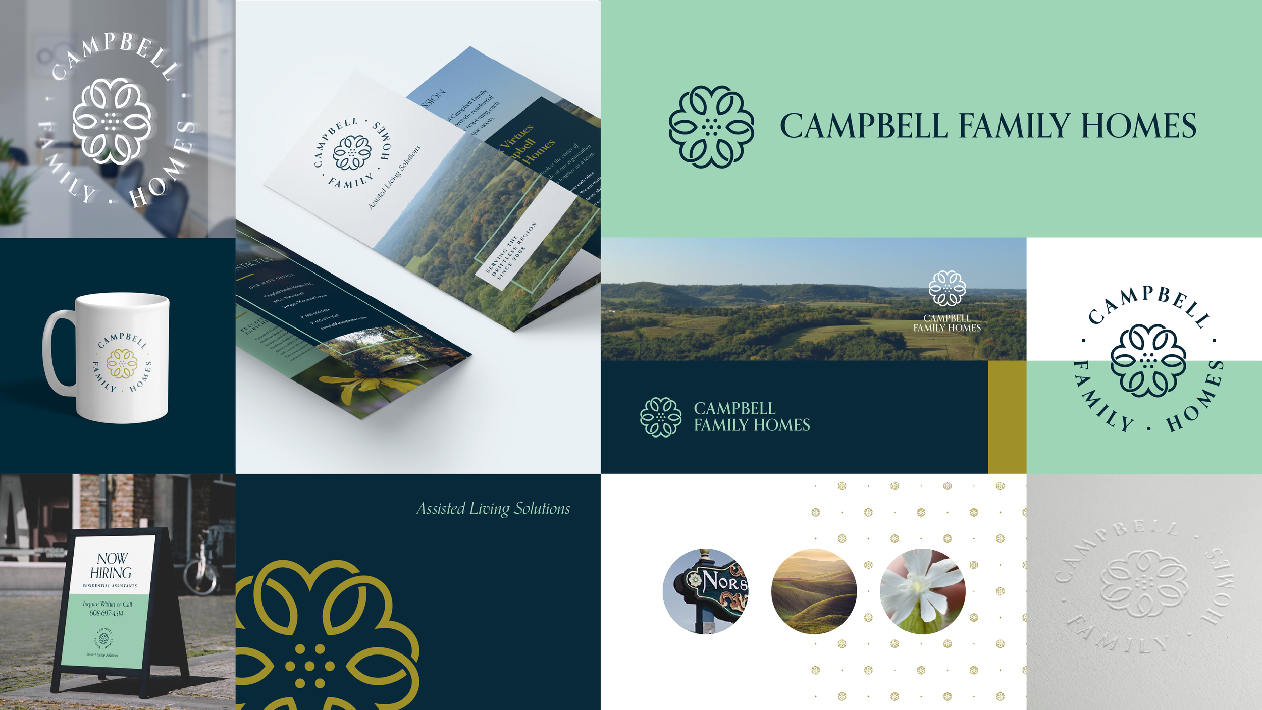 Campbell Family Homes brand‑identity board featuring color swatches, a brand pattern, logo variants, contextual photos, and mockups including a brochure, mug, and sidewalk sign.