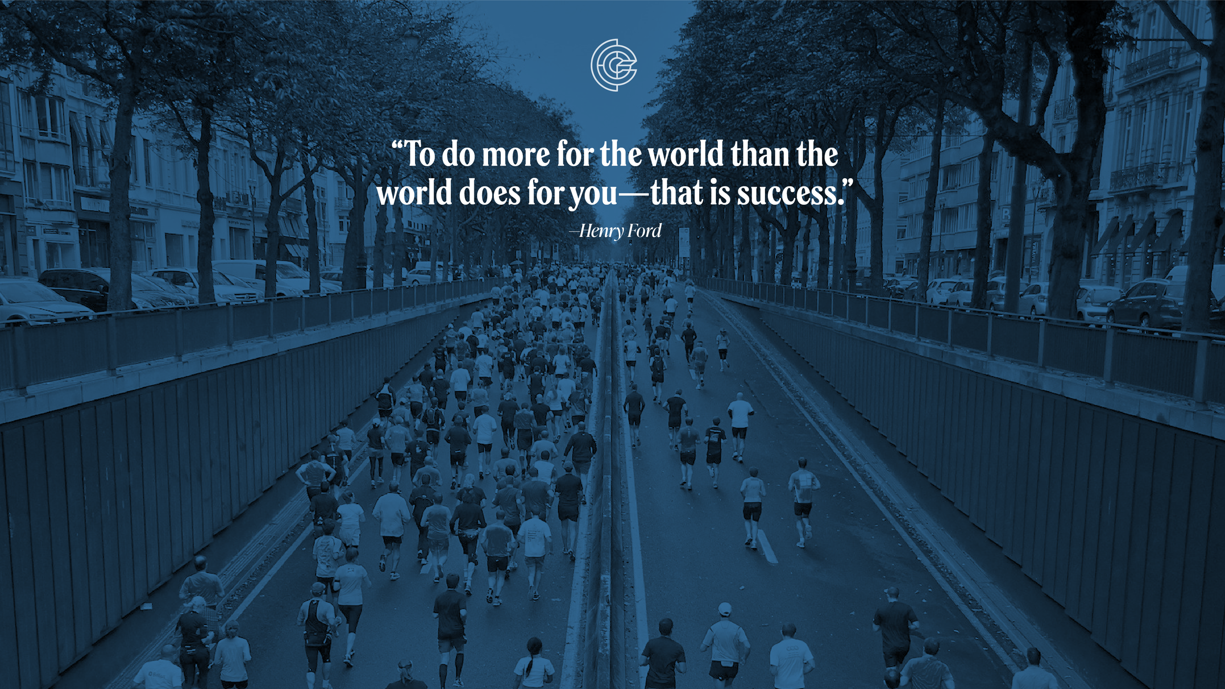 Inspirational quote page from the Chad Chambers Consulting brand guide, featuring a marathon‑themed fundraising photo with a blue overlay.