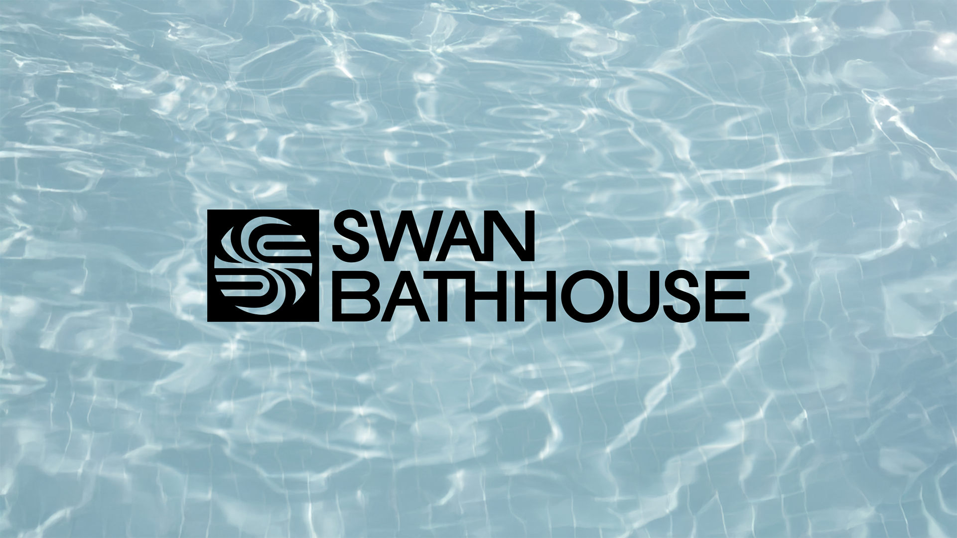 Horizontal Swan Bathhouse logo in a modernist style displayed over an indoor pool texture