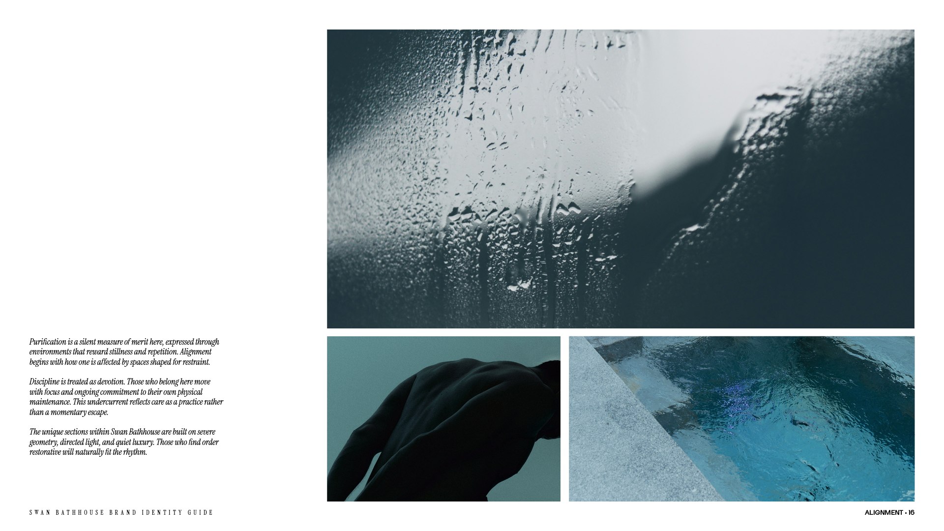 Alignment page from the Swan Bathhouse brand identity guide with a collage of metaphorical imagery and a description about what type of clientele would feel most aligned with the bathhouse.