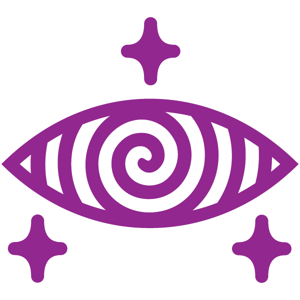 Purple eye logo design for Rachael Ann Lester with a spiral pattern inside and three surrounding cross-shaped or plus shaped symbols.