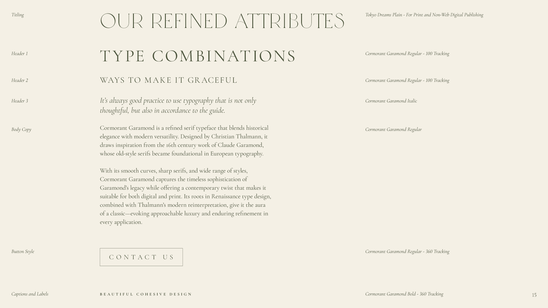 Typography page from the Simply Gather Experiences brand identity guide listing the selected fonts and attributes with supporting body copy describing the history of Cormorant Garamond.