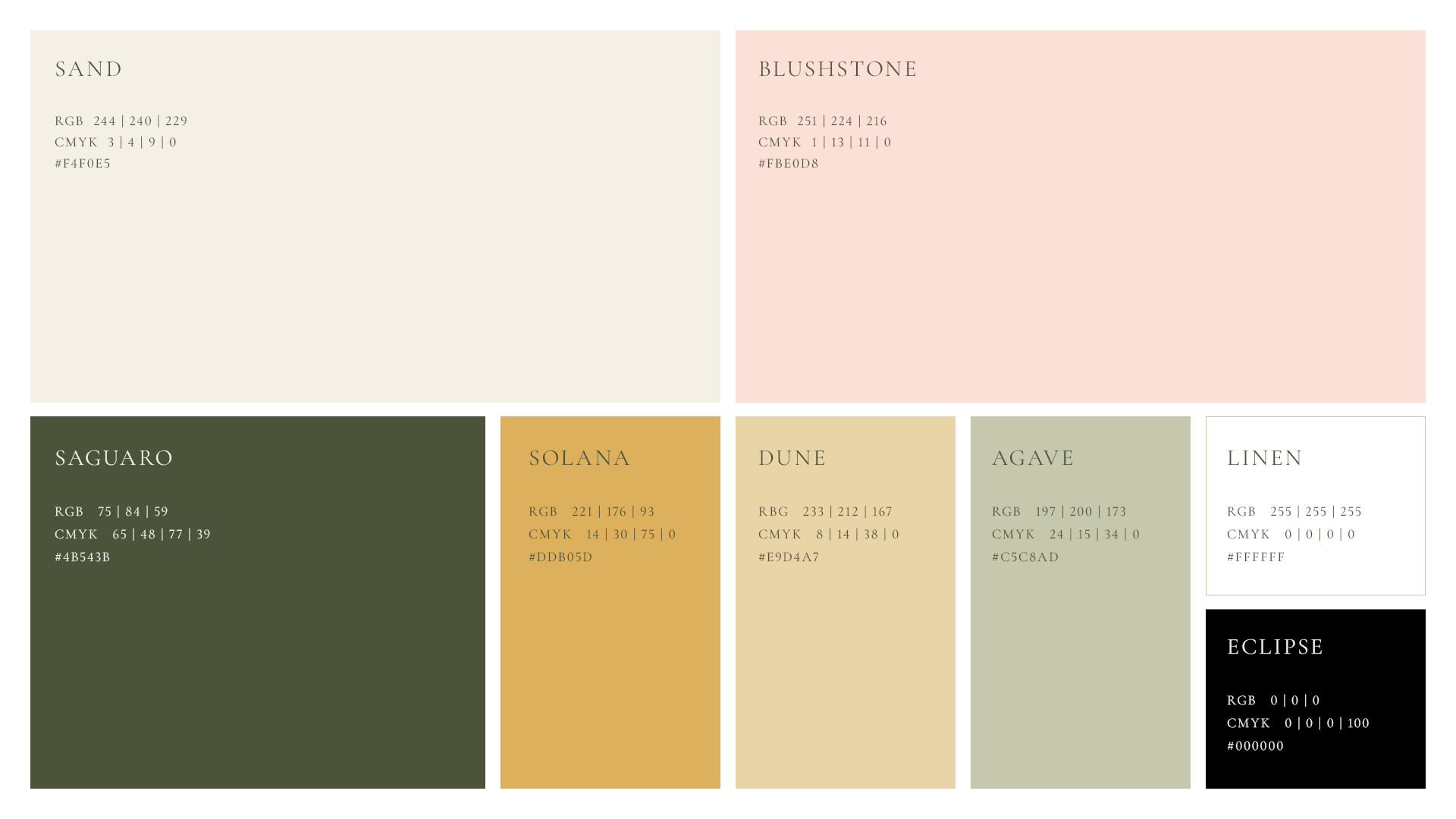 Muted color palette for the Simply Gather Experiences brand identity guide showing RGB, CMYK, and HEX values for eight tones named Sand, Blushstone, Saguaro, Solana, Dune, Agave, Linen, and Eclipse.