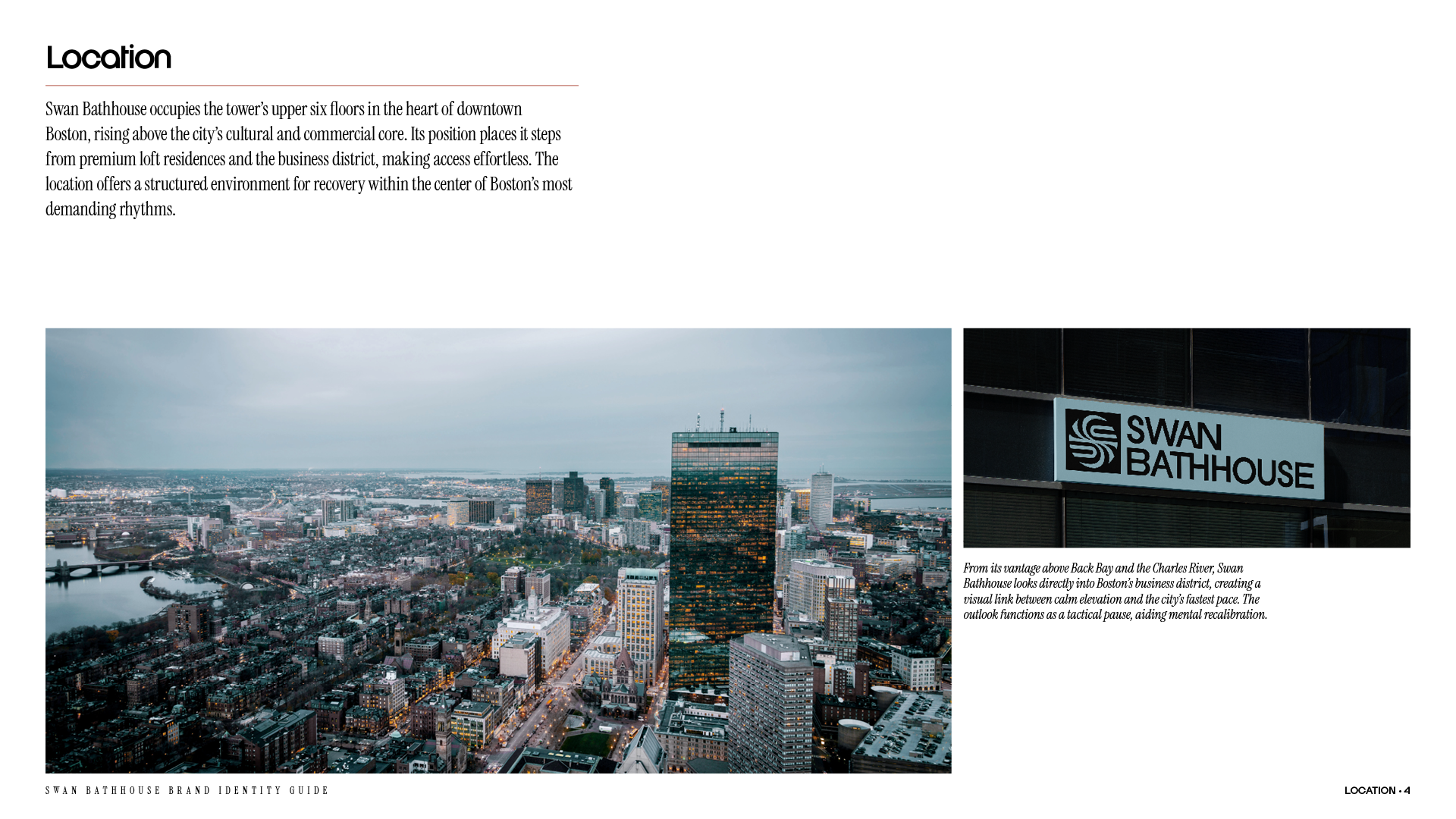 Location page from the Swan Bathhouse brand identity guide with a description of the Back Bay location, view and significance with the skyline and exterior signage.