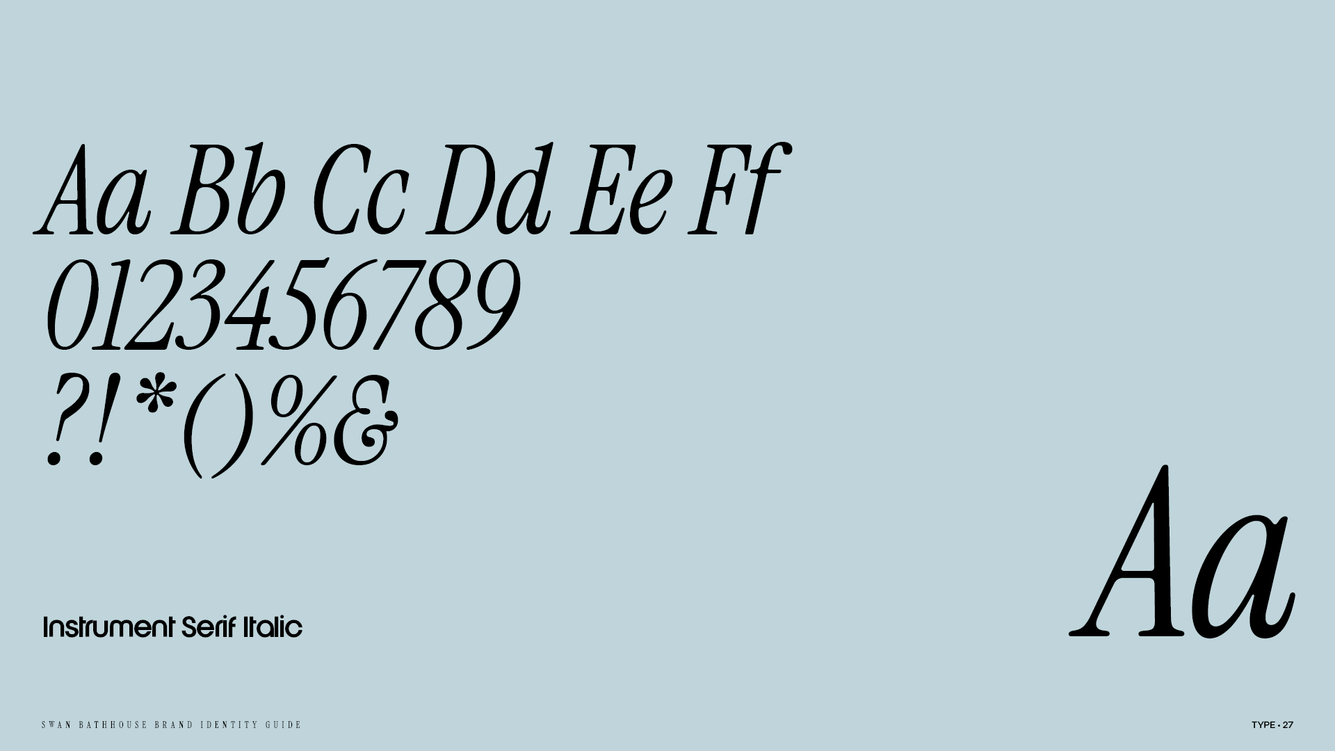 Typography page from the Swan Bathhouse brand identity guide with the Instrument Serif Italic font specimen sheet.