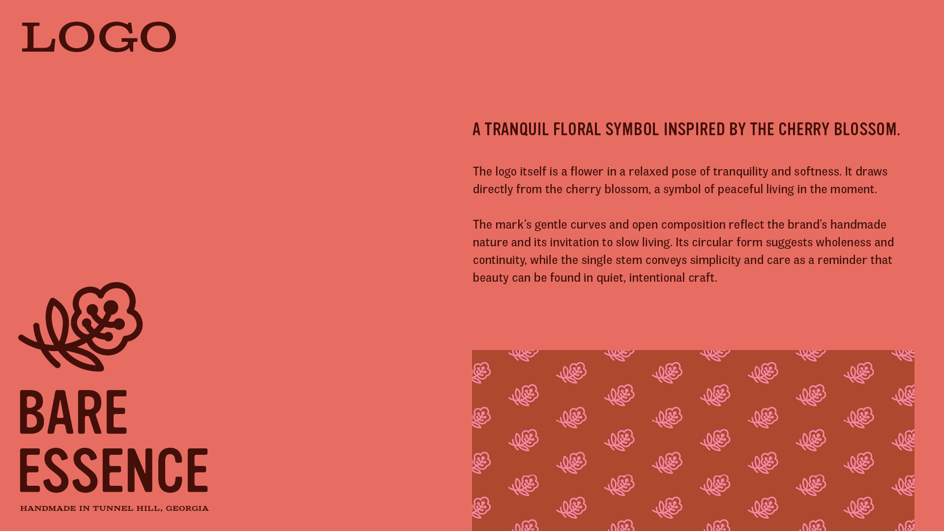 Logo page for Bare Essence featuring a deep coral pink background and a texture pattern of the logo icon.