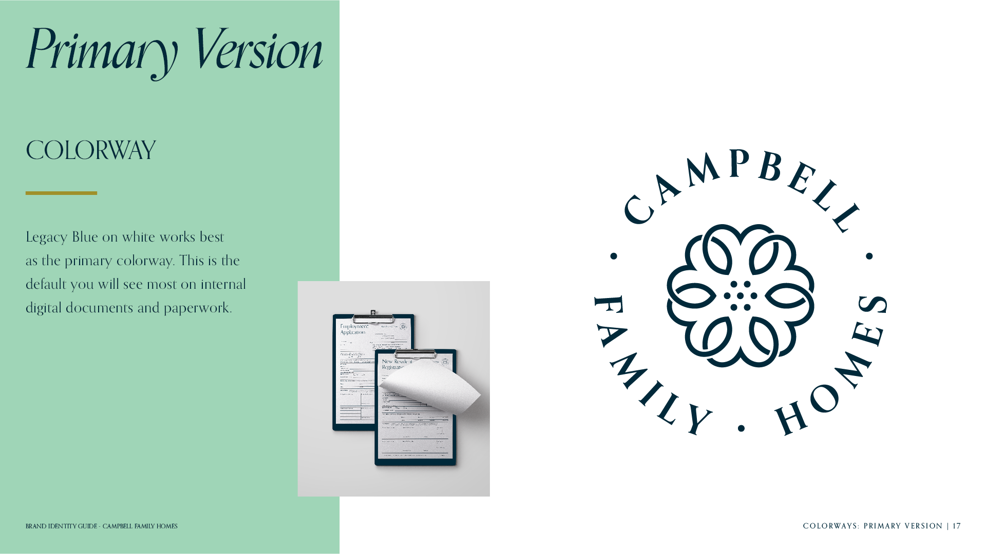 Primary Colorway page for the brand identity guide for Campbell Family Homes featuring the logo as navy on white.
