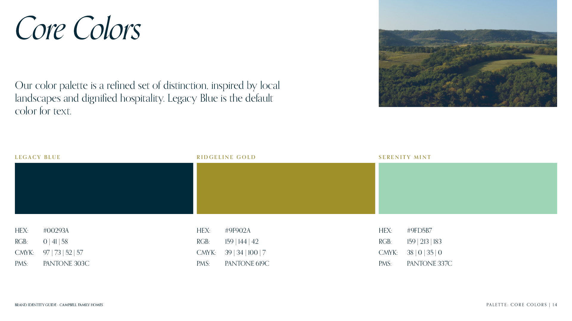 Core Colors page for the brand identity guide for Campbell Family Homes featuring navy, gold and mint color swatches.