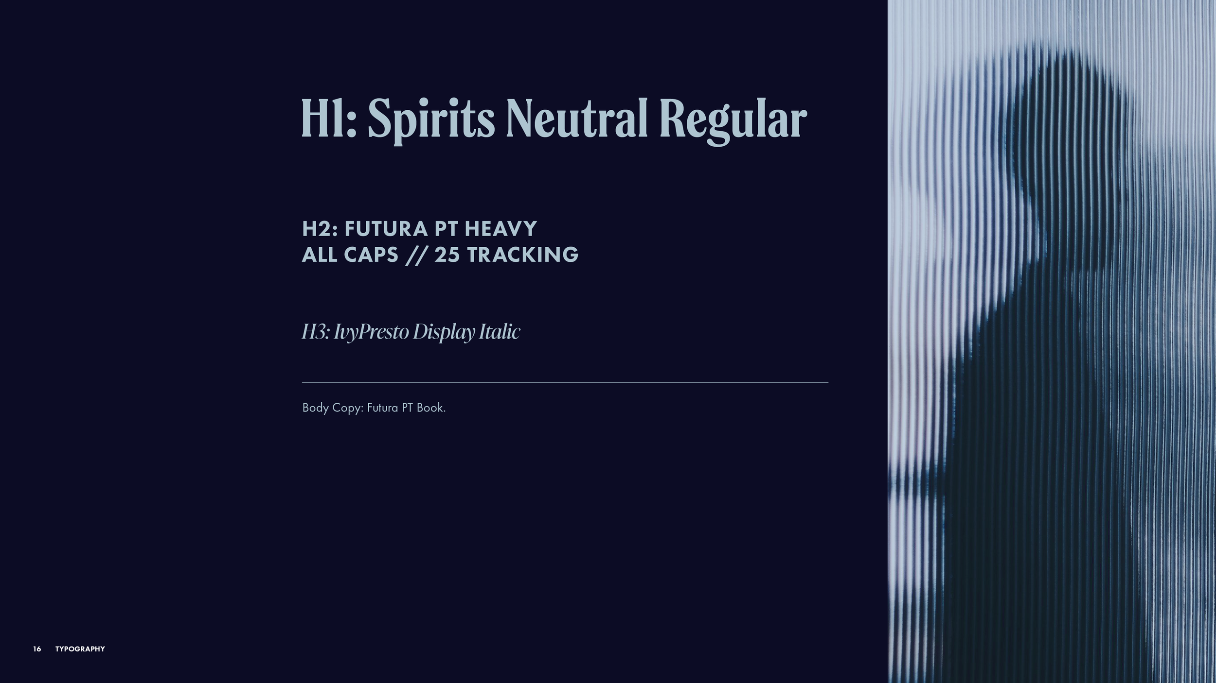 Typography guide from the Chad Chambers Consulting brand identity system, shown in a minimalist dark layout with a photo of a person’s silhouette filtered through textured glass.