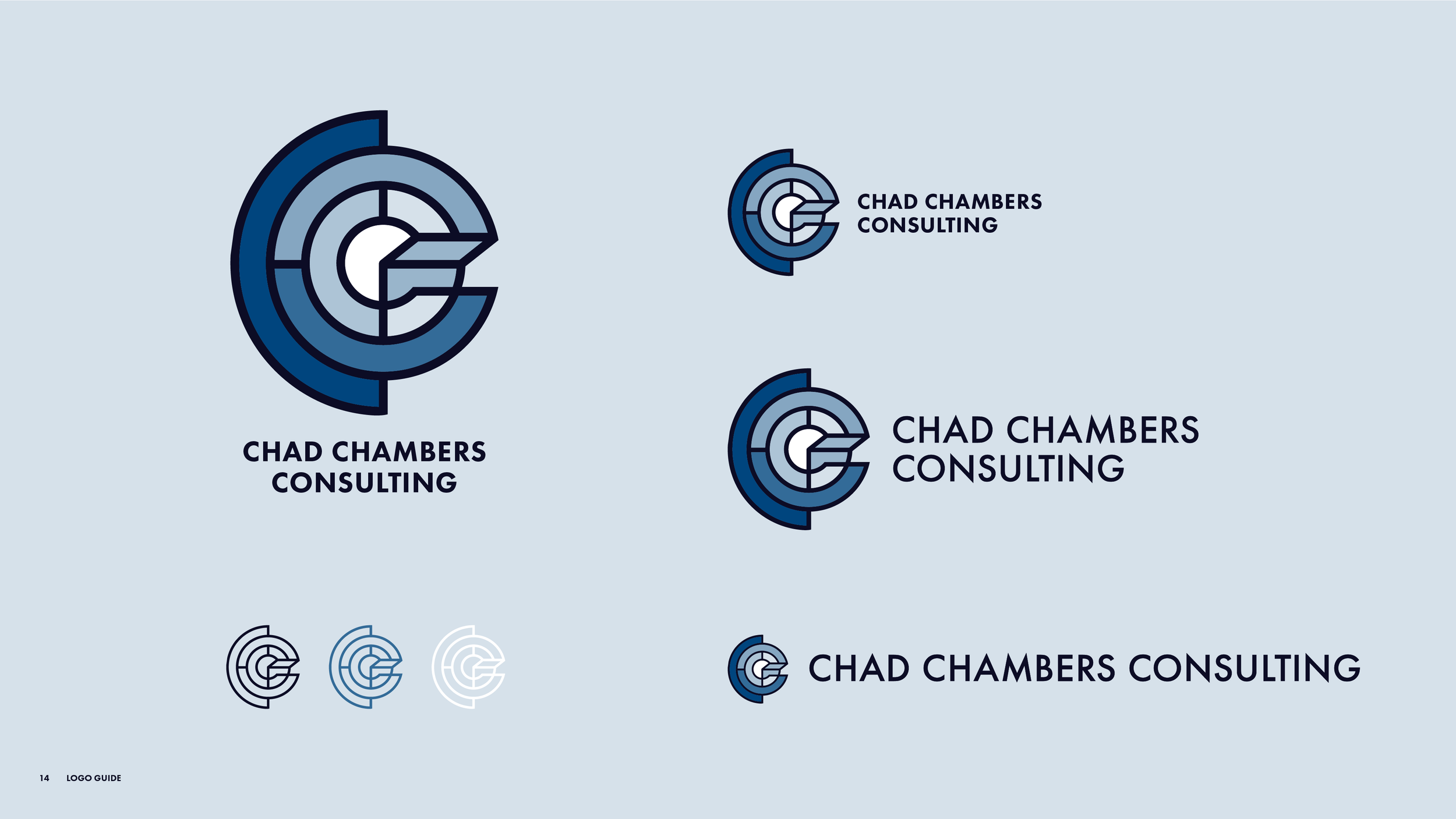 Full logo suite from the Chad Chambers Consulting brand identity guide, showing all logo variants in brand colors with scale suggestions.