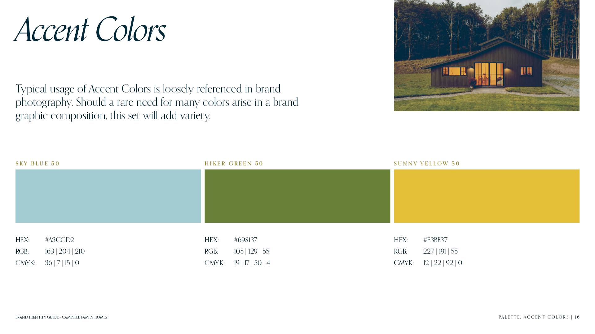 Accent Colors page for the brand identity guide for Campbell Family Homes featuring light blue, olive and golderod color swatches.