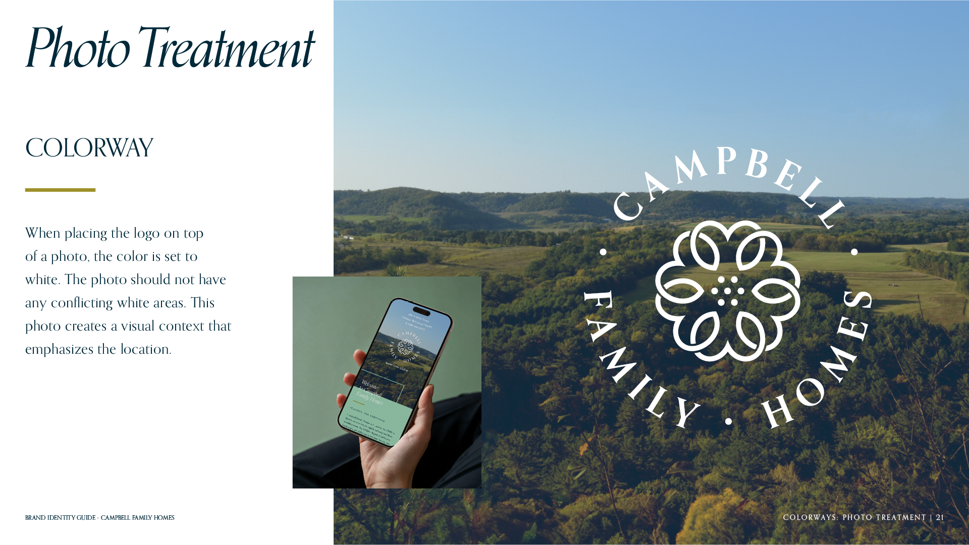 Photo Treatment Colorway page for the brand identity guide for Campbell Family Homes featuring the logo as white on a landscape photo.