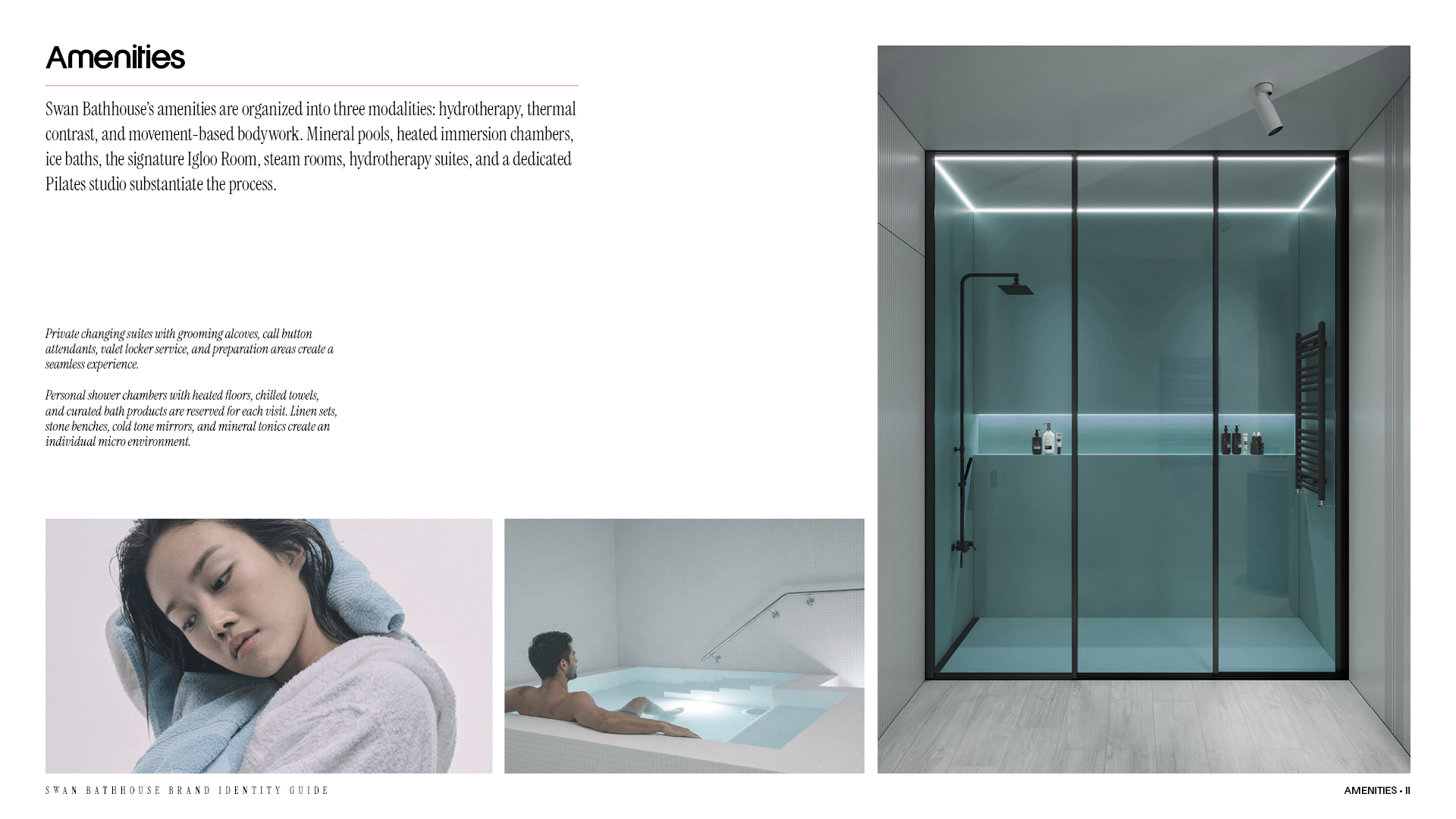 Amenities page from the Swan Bathhouse brand identity guide with descriptions and a photo layout of clients and a private shower area.