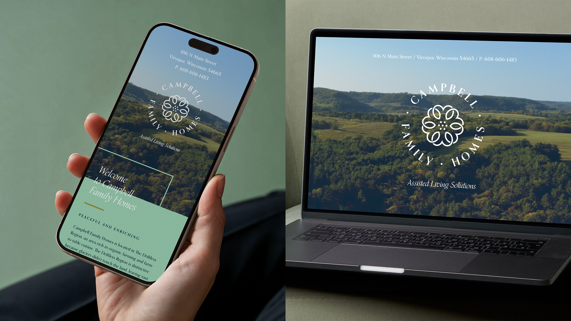 iPhone and latpop displaying the responsive single page website design for Campbell Family Homes.