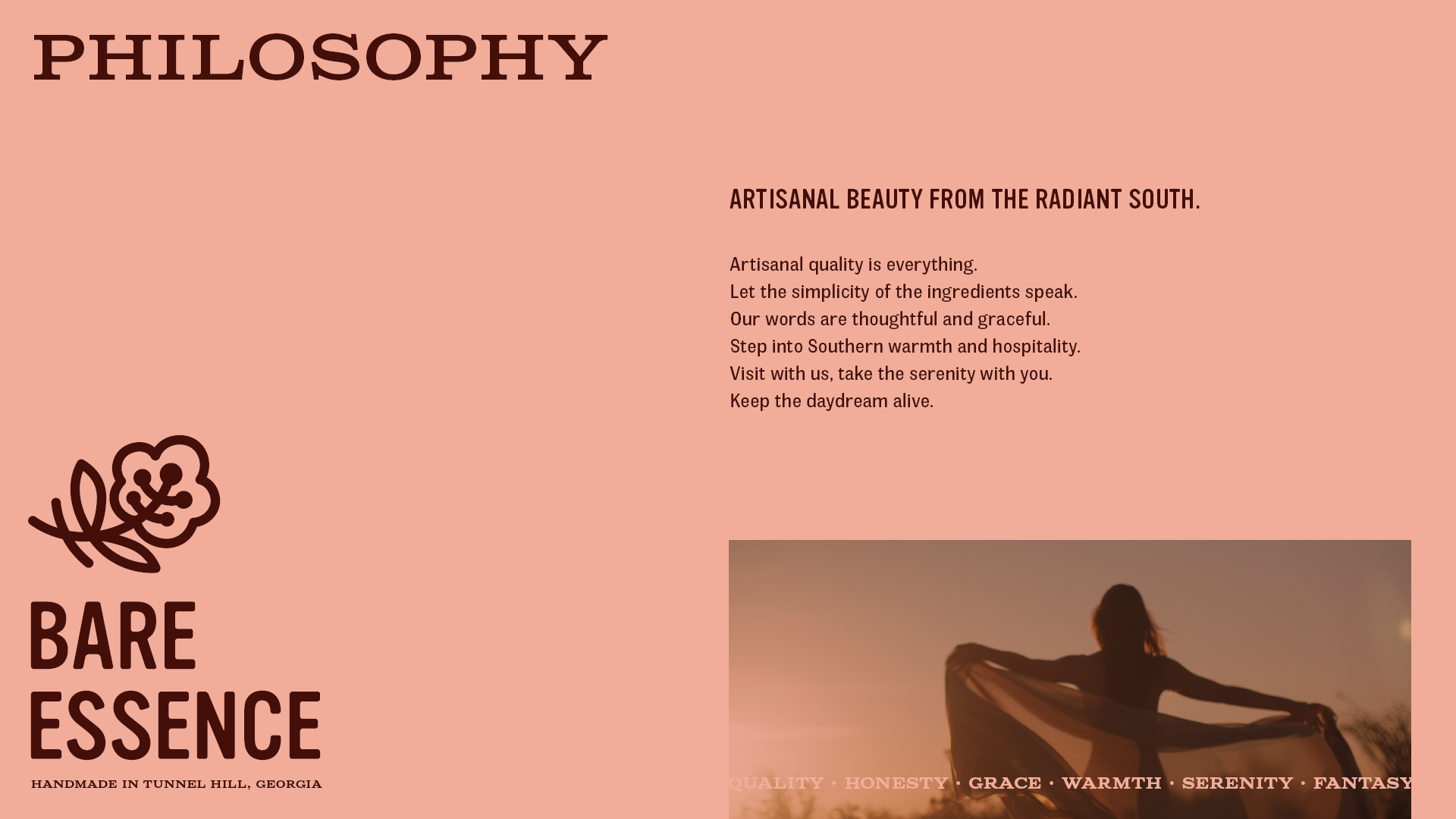 Philosophy page for Bare Essence featuring a warm pink background and a photo of a woman with her arms outstretched facing a sunset.