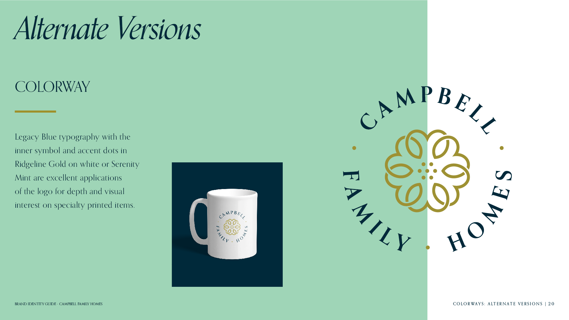 Alternate Colorway page for the brand identity guide for Campbell Family Homes featuring the logo as navy and gold on white or mint.