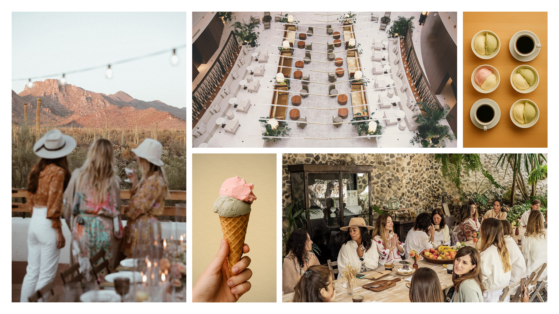 Second photography style page for the Simply Gather Experiences brand identity guide with five examples: two group photos, two simple inventory‑style images, and one aerial view of a modern event space.