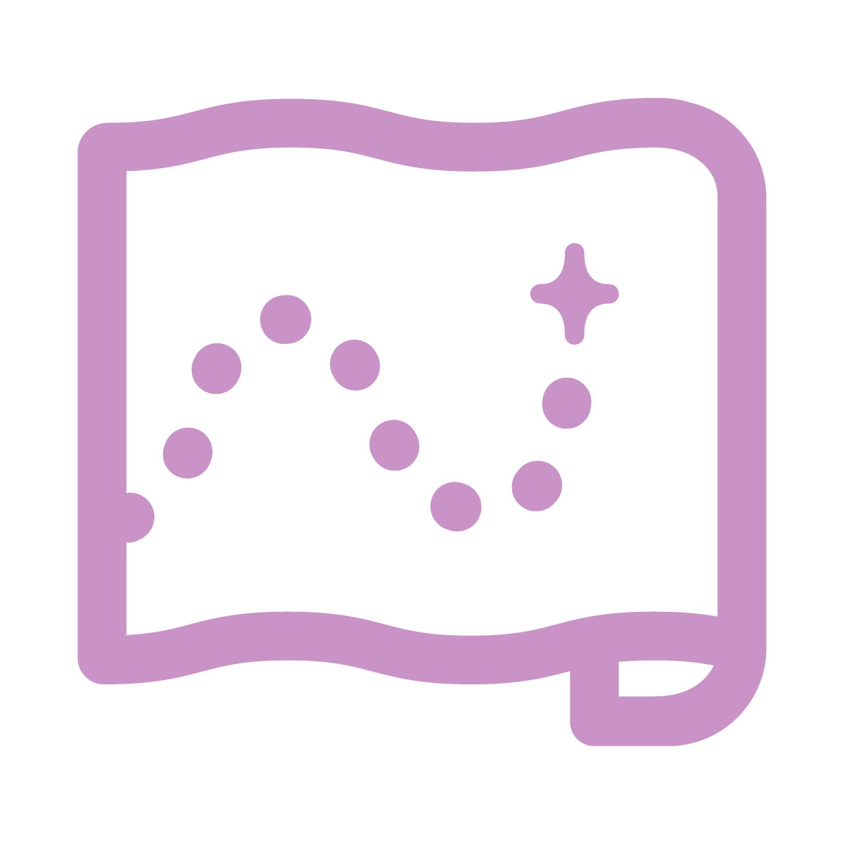 Purple map icon with a dotted path and star symbol, representing the assessment stage of the design process.