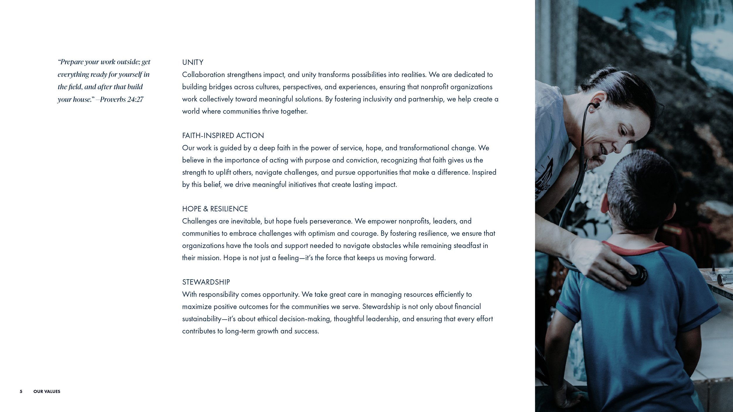 Second brand values page from the Chad Chambers Consulting identity guide, shown in a clean minimalist layout with a photo of a medic checking a young child.