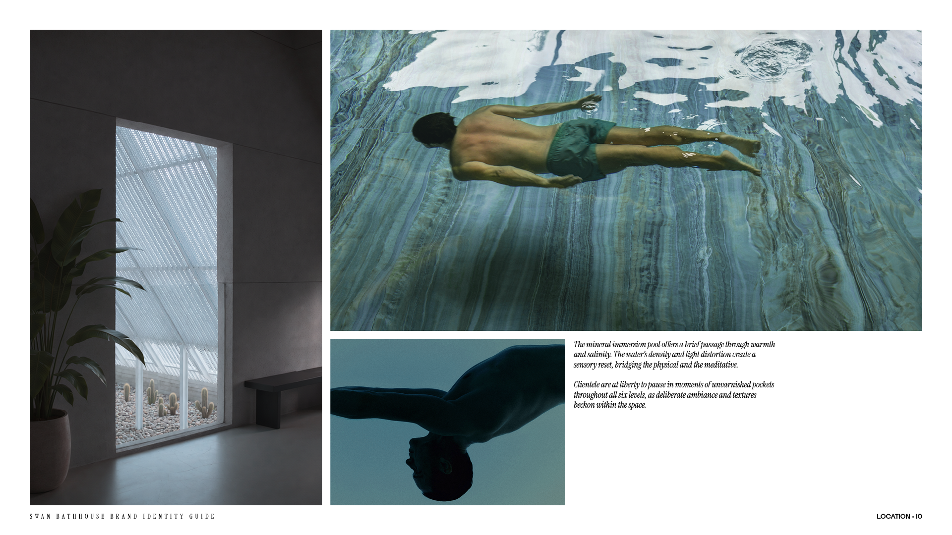 Location page from the Swan Bathhouse brand identity guide with a seating nook, mineral pool and ambiance room for bodywork.