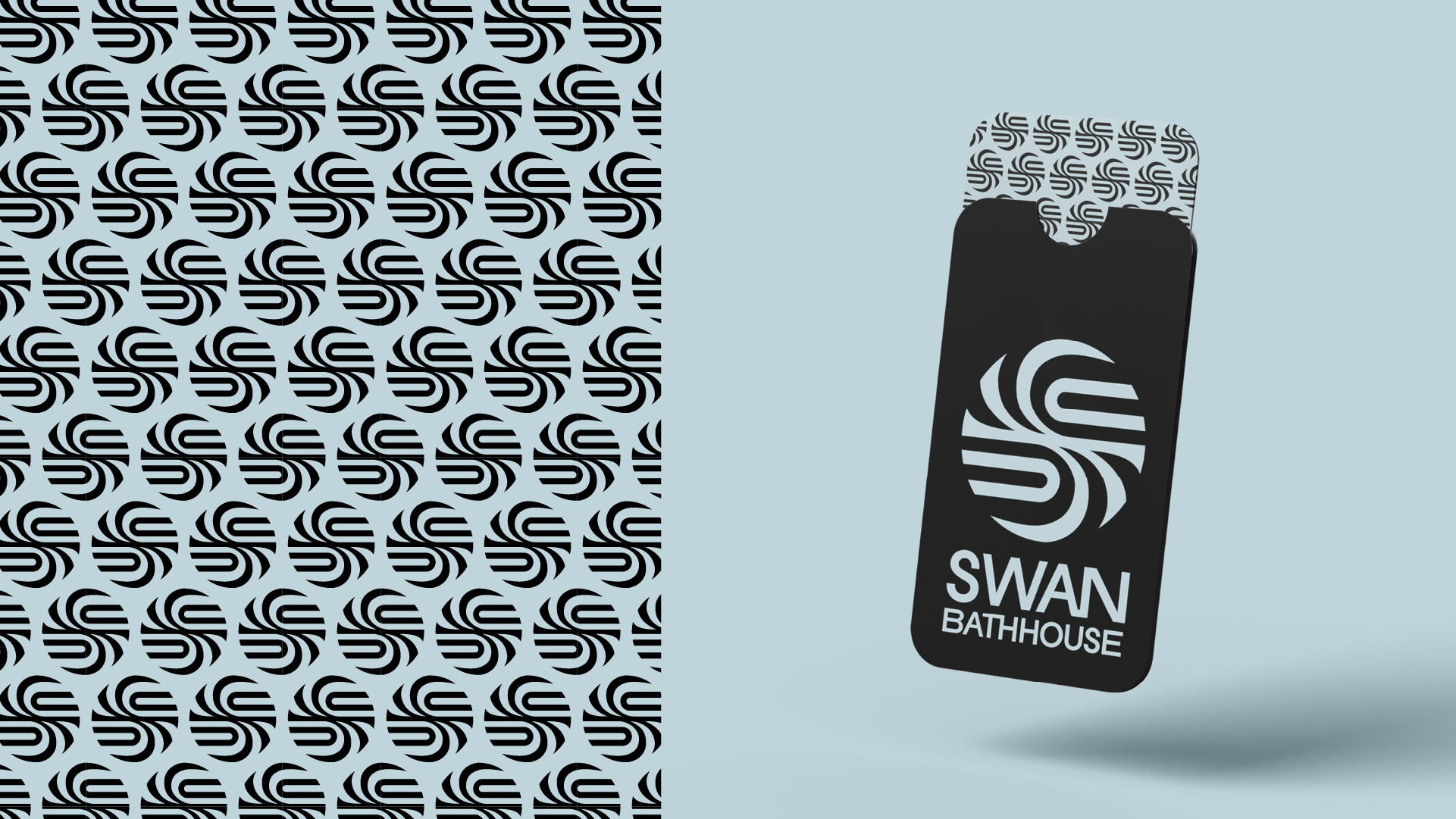 Swan Bathhouse brand pattern shown alongside a key card mockup incorporating the pattern and logo.
