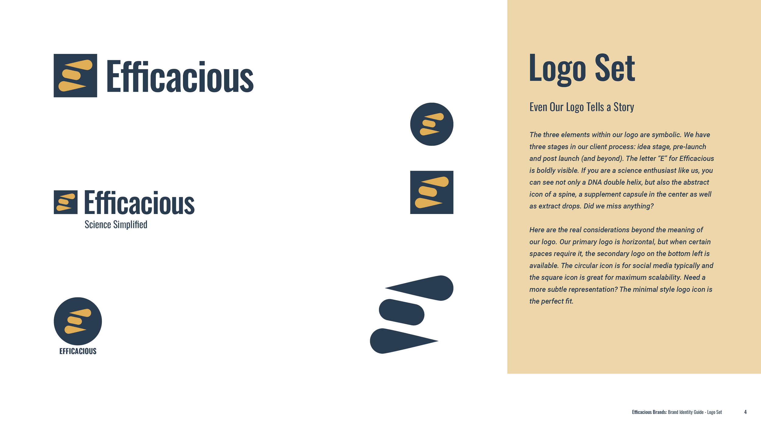 Brand Identity guide page layout for Efficacious showing the different logo versions alongside a brief description of the logo’s symbolism.