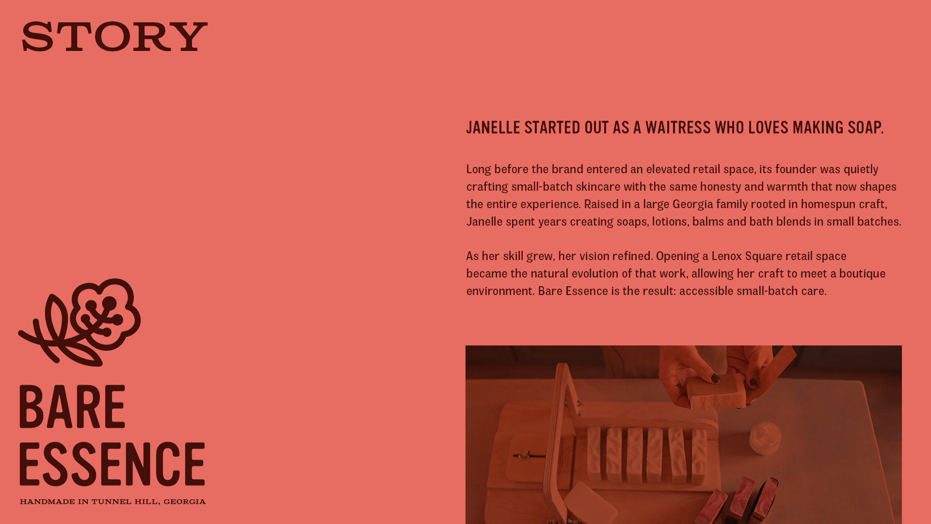 Story page for Bare Essence featuring a coral pink background and a photo of a woman labeling handcrafted soap.