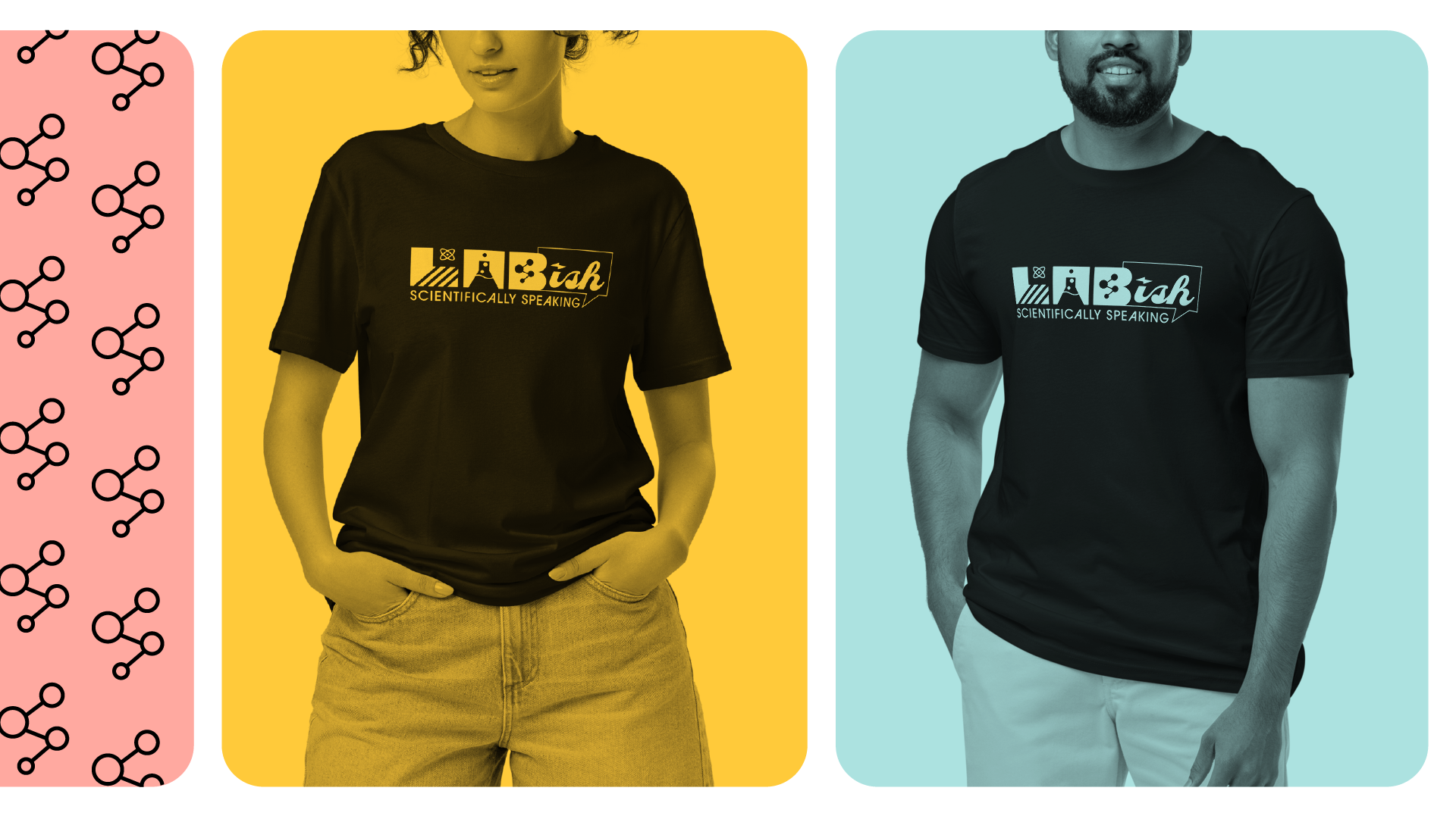 Male and female t‑shirt mockups displaying the Lab‑ish logo, paired with a brand pattern for visual rhythm.