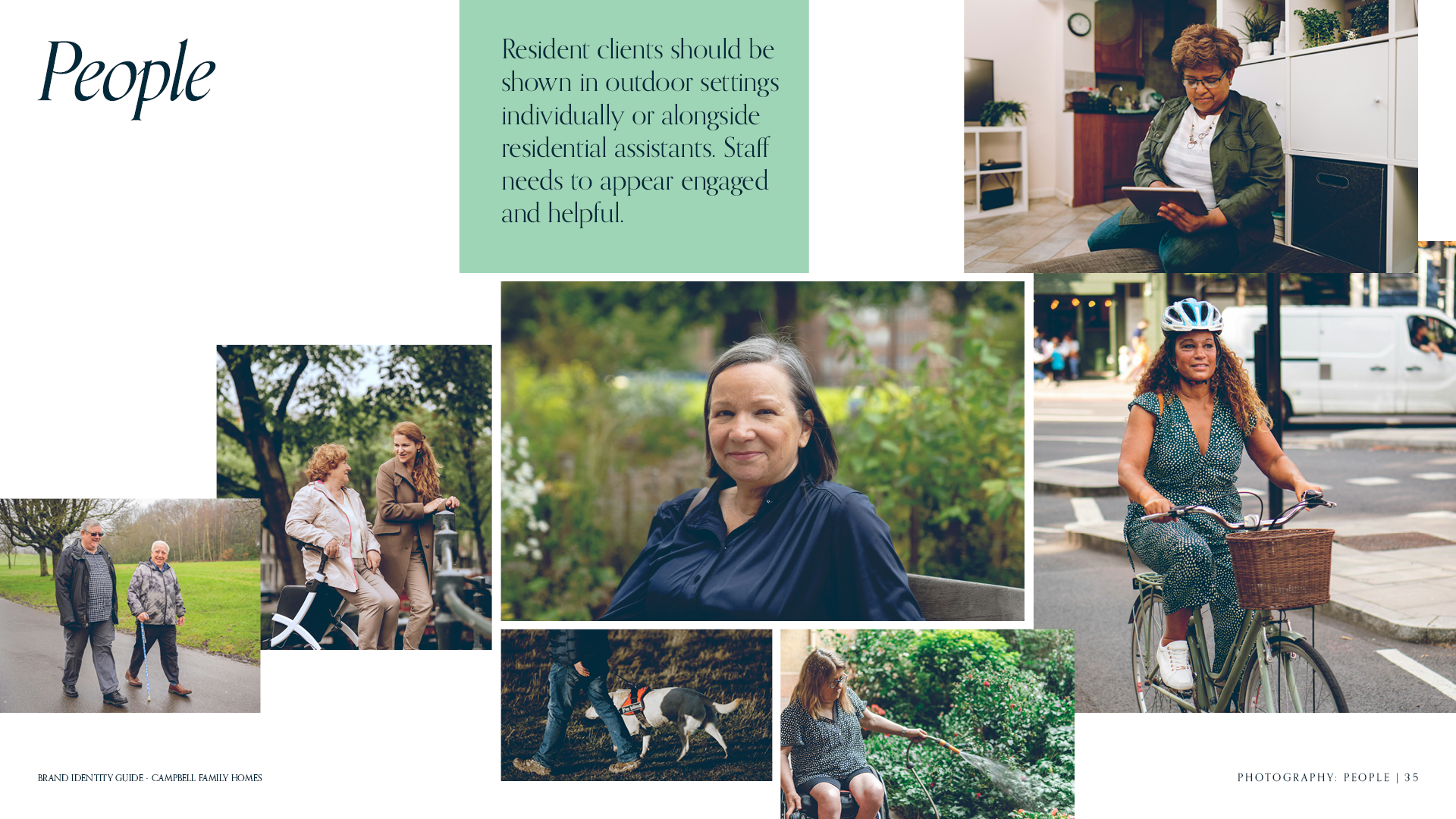 People page of the Campbell Family Homes brand identity guide with a collage of people photography and art direction.