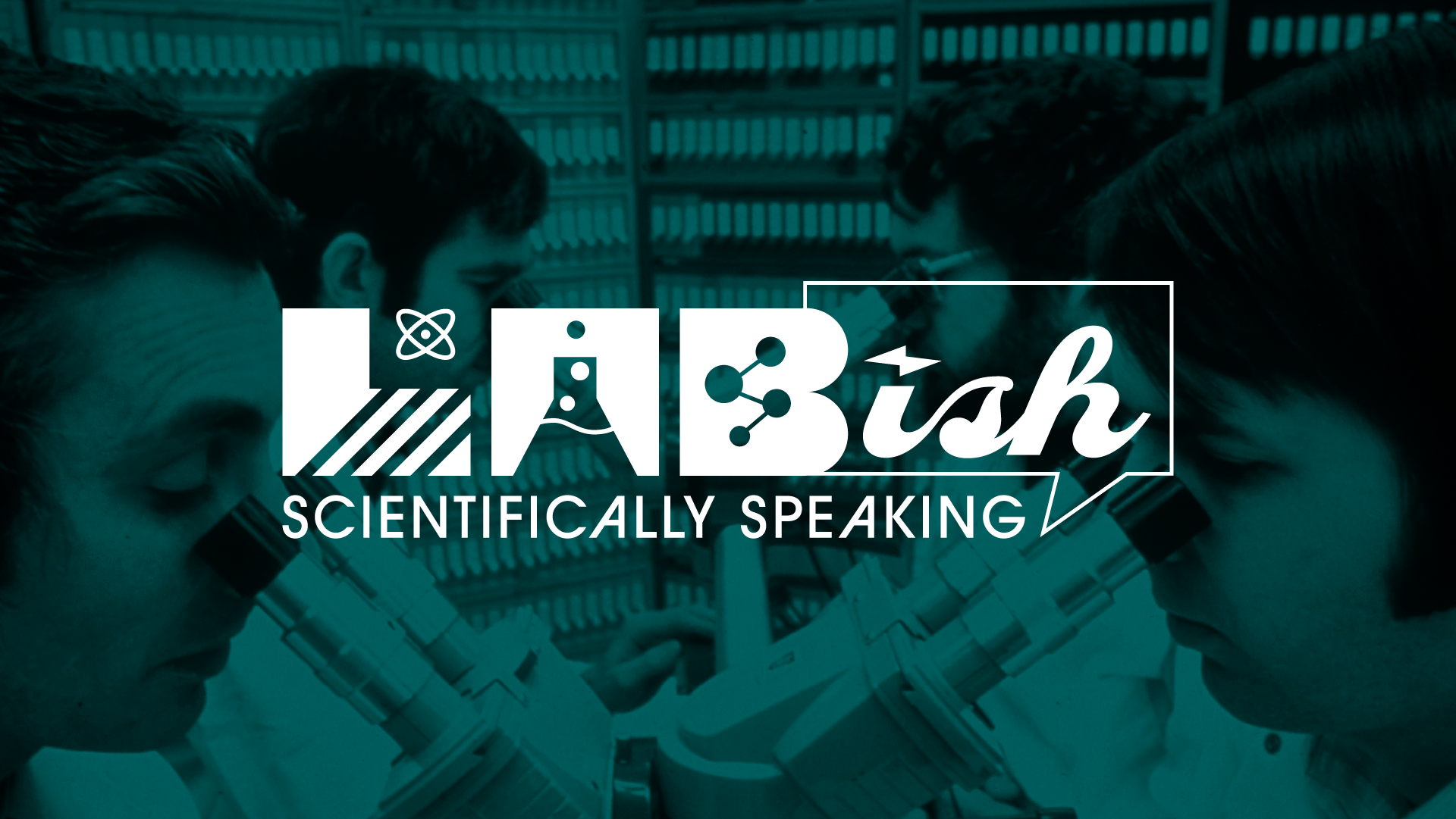 Lab‑ish brand‑guide cover featuring the primary logo with a retro science photo of four men looking into microscopes.