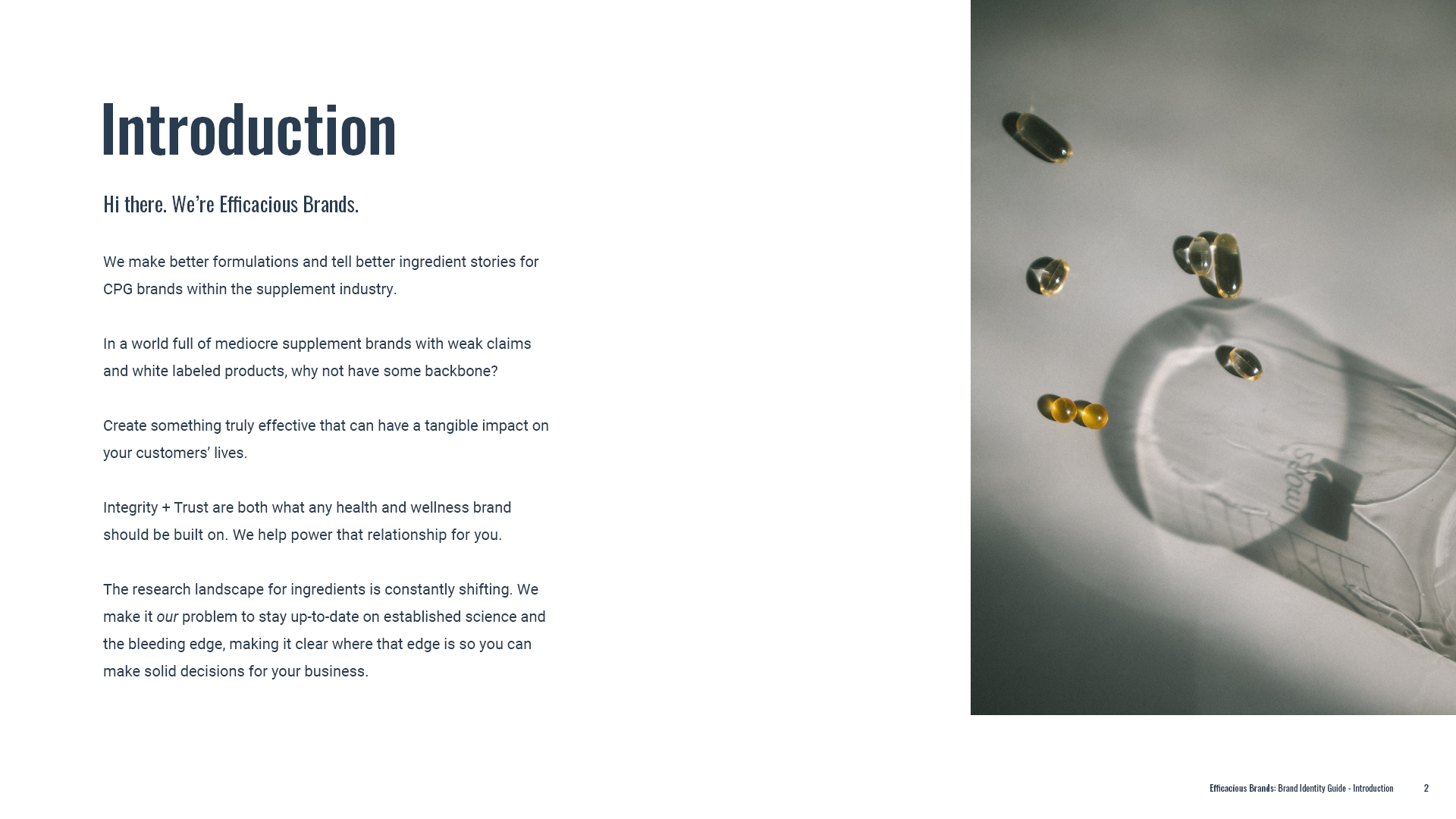 Introductory page for Efficacious featuring a minimalist photo of supplements and a science beaker shadow.