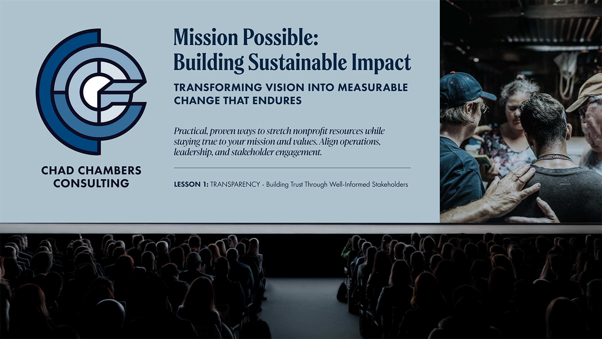 Presentation hall title slide mockup for the Chad Chambers Consulting brand identity, showing the logo and branding applied to a keynote setting for nonprofit leadership.
