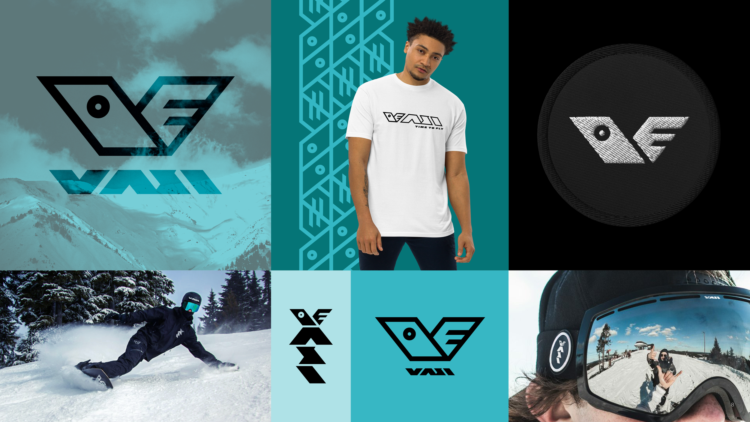 Brand board for the VASI identity system, featuring various logo treatments shown across gear and apparel mockups, including an embroidered version of the mark.