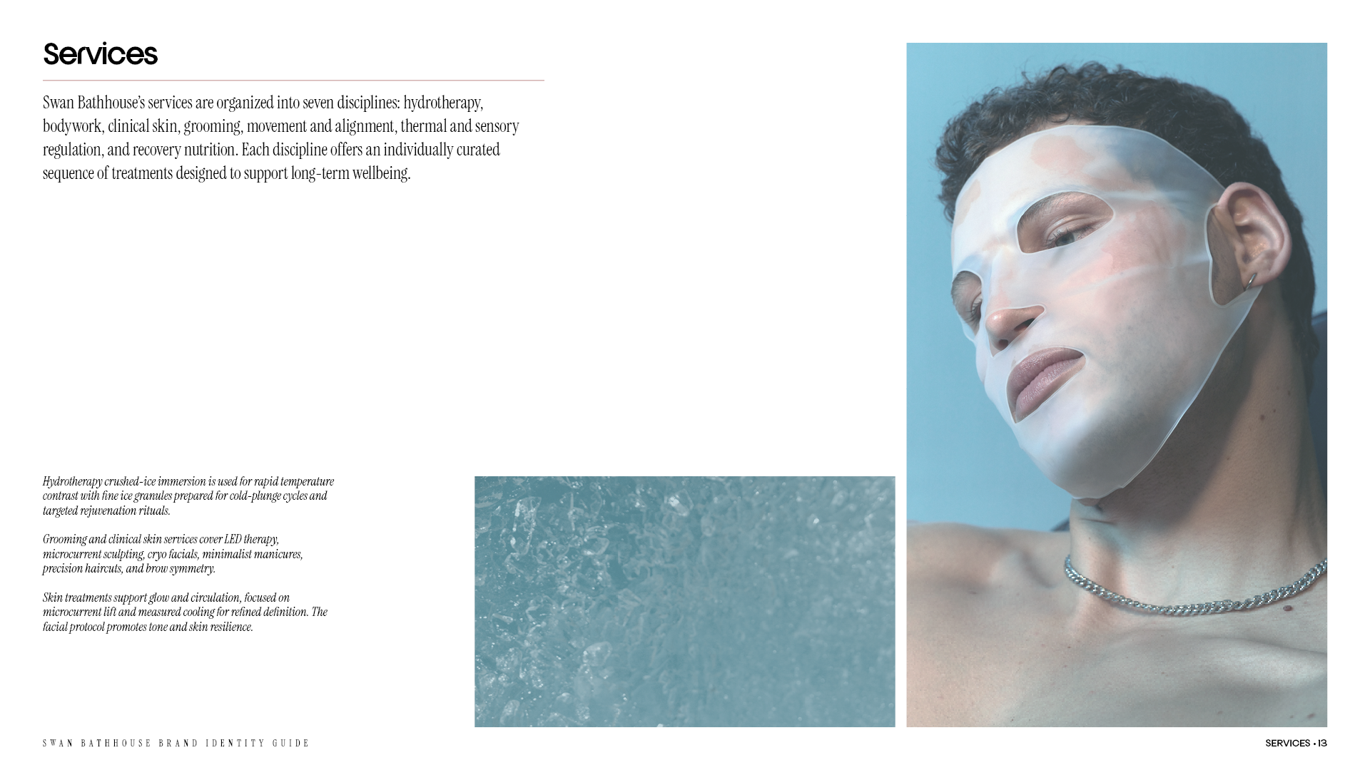 Services page from the Swan Bathhouse brand identity guide with introduction and captions with ice plunge texture and a man wearing a facial mask.